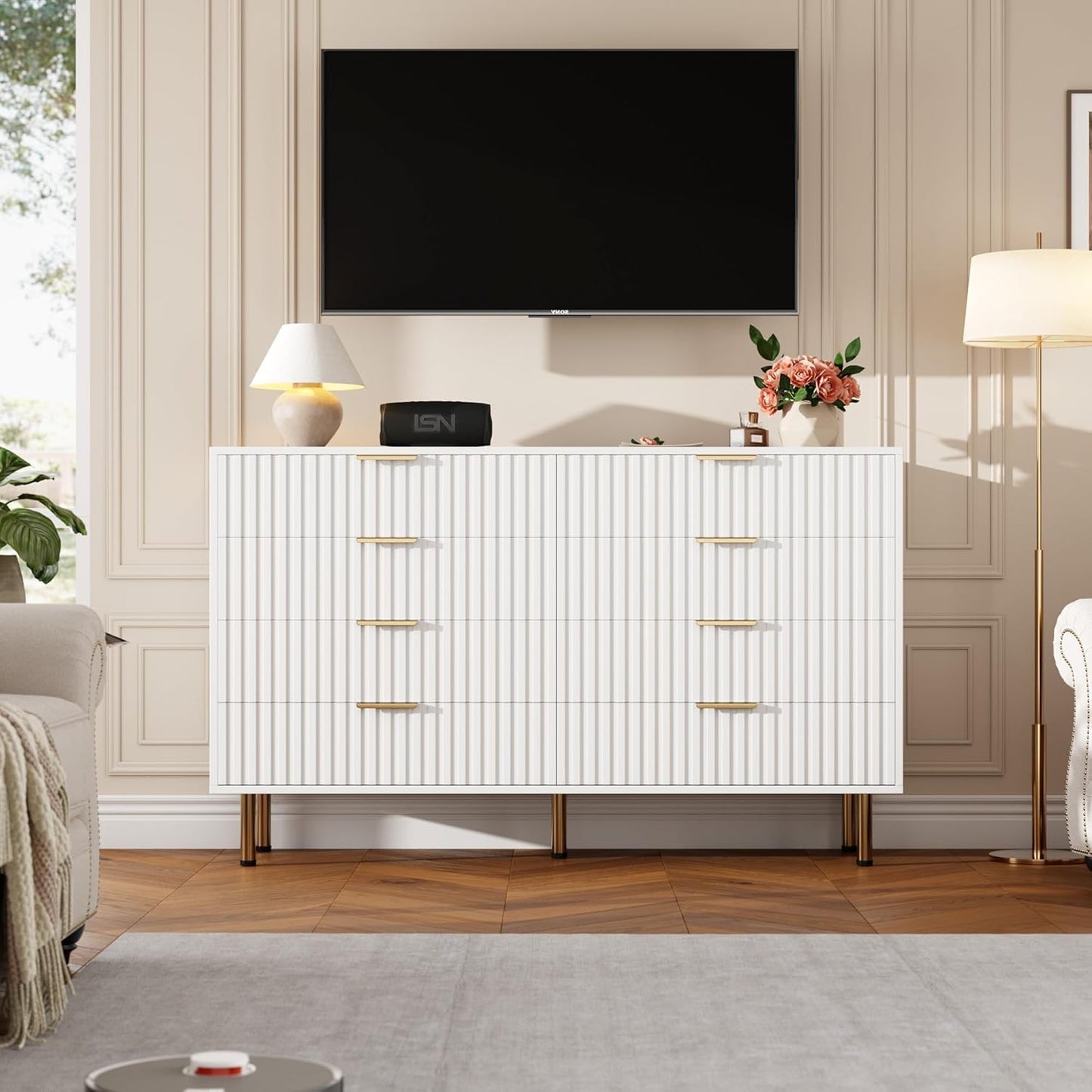 8 Drawer Dresser for Bedroom, Fluted 55" Wide Modern Chest of Drawers with Deep Drawers, Wooden Dresser Organizer for Living Room, Hallway, Kids Room, White