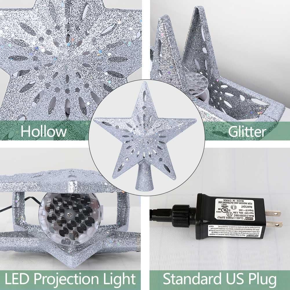 OurWarm Christmas Tree Topper Lighted Star Tree Toppers with LED Rotating Snowflake Projector Lights, 3D Hollow Silver Star Snow Tree Topper for Christmas Tree Decorations