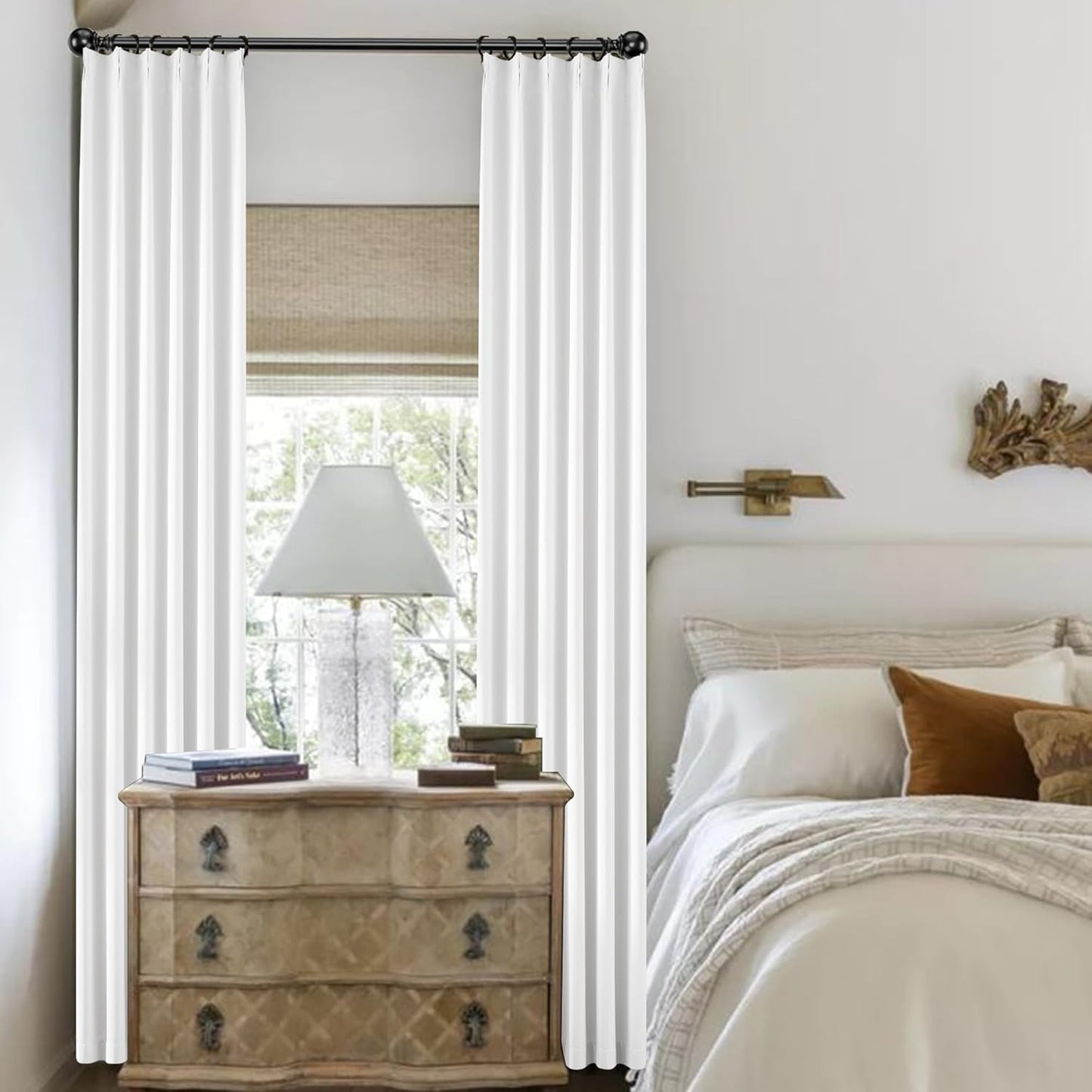 KangBang Pure White 90 Inch Bedroom Curtains-Pinch Pleated Room Darkening Neutral Drapes for Flat/Apartment with Hooks Track System, Solid Memory Shape Curtains & Drapes(40”Wx90”L,2 Panels)