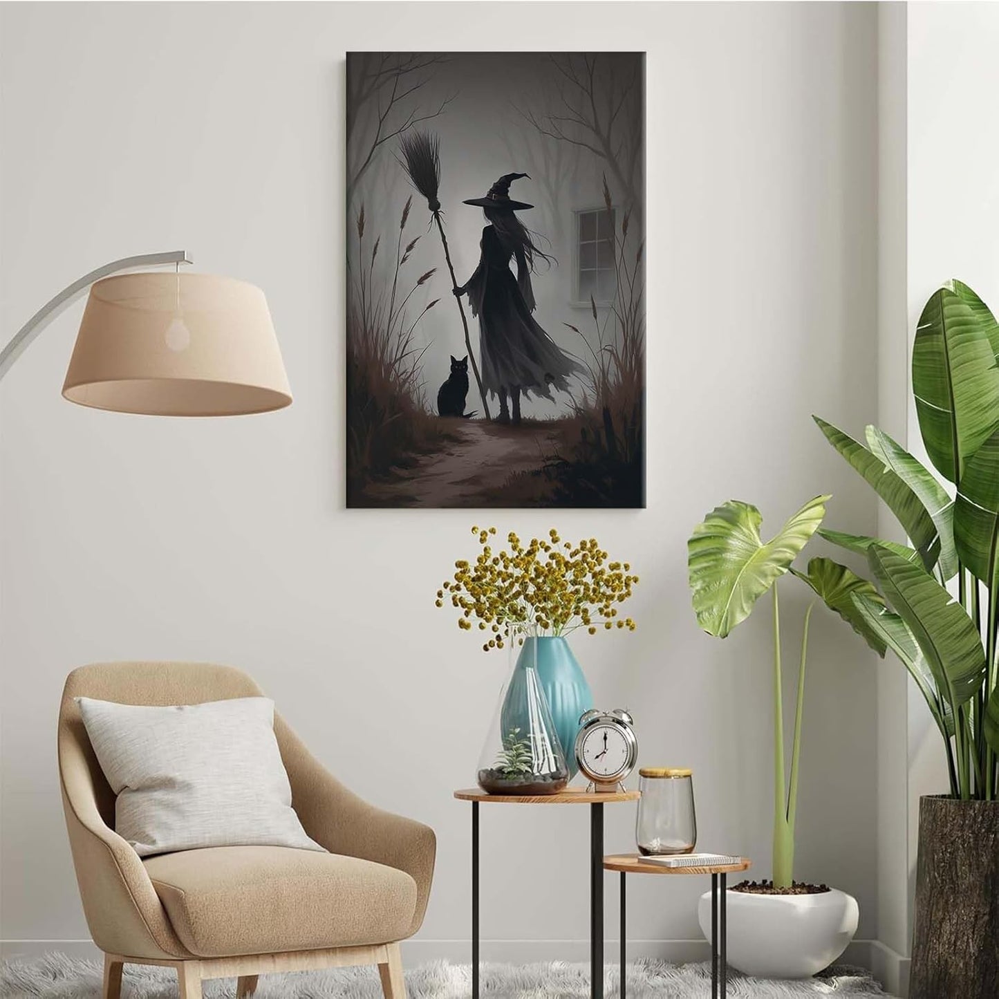 JFHCQJPK Vintage forest witch and black cat poster Halloween mural poster decoration mural art magic suitable for home living room bedroom24x36in Frameless