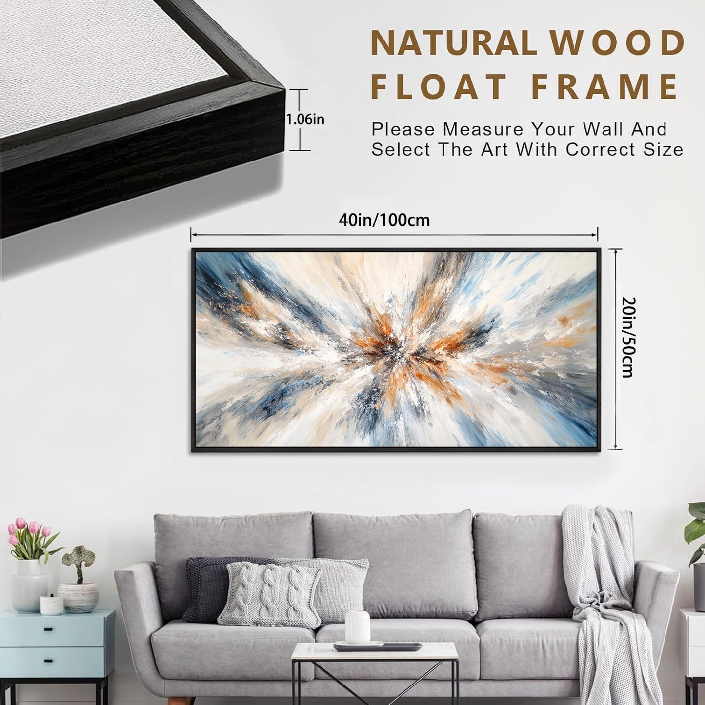 Abstract Painting Wall Art Small Size Framed Canvas Prints 20" x 40" Blue and Orange Abstract Modern Minimalist Living Room Decor for Bedroom Office Wall Décor