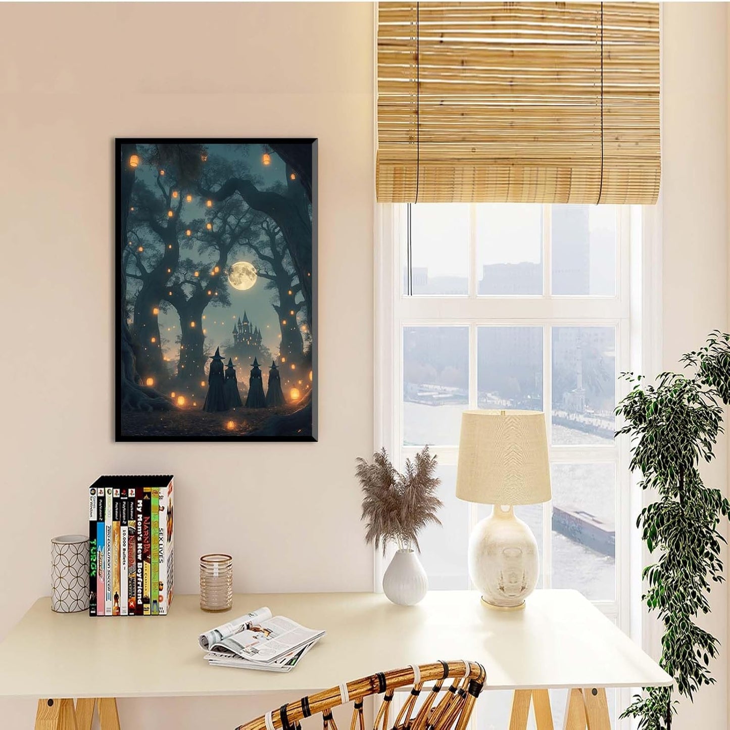 JFHCQJPK Mysterious creek painting witch and castle in magic forest art print canvas gothic print dark college decoration poster for home bedroom20x30in Metal blackFramed