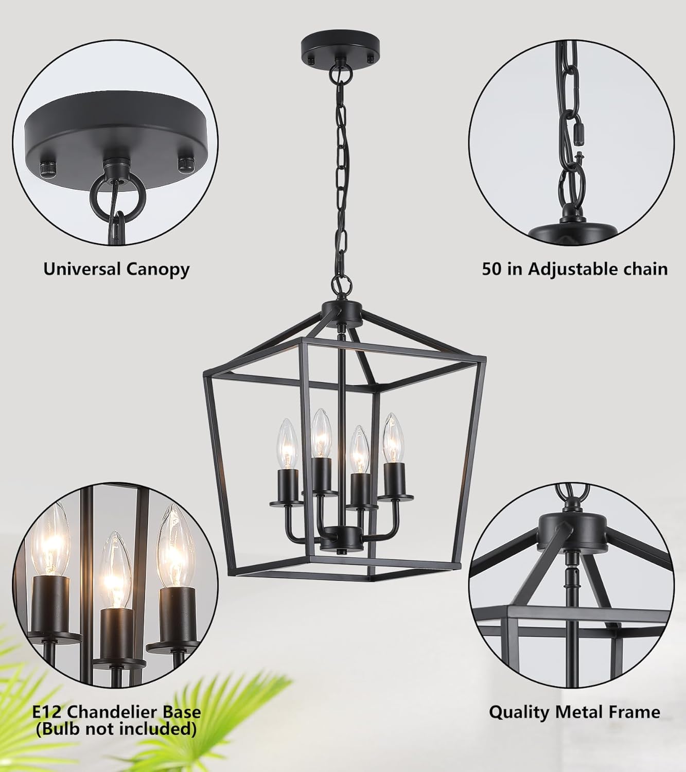 AMZASA UL Listed Black Industrial 4 Light Lantern Chandelier Ceiling Light Fixtures Farmhouse Metal Cage Rustic Geometric Pendant Light for Kitchen Island Entryway Dining Room Stairs and Hallway