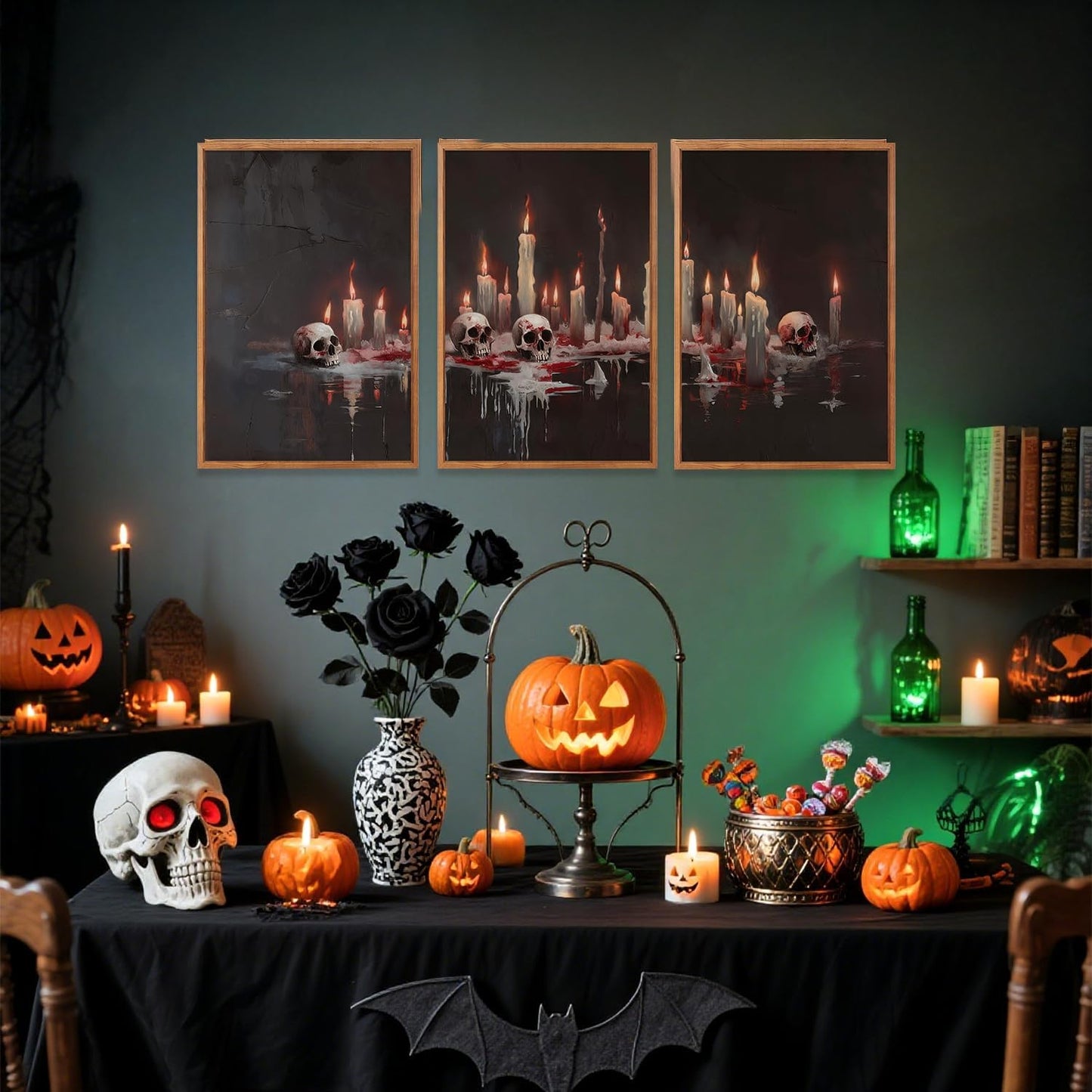 Aurlan Gothic Bloody Skull and Candles Framed Wall Art(16"x24"), 3PCS Horror Dark Academia Halloween Skeleton Canvas Artwork, Modern Goth Spooky Creepy Ghost Decor for Home Office Bedroom