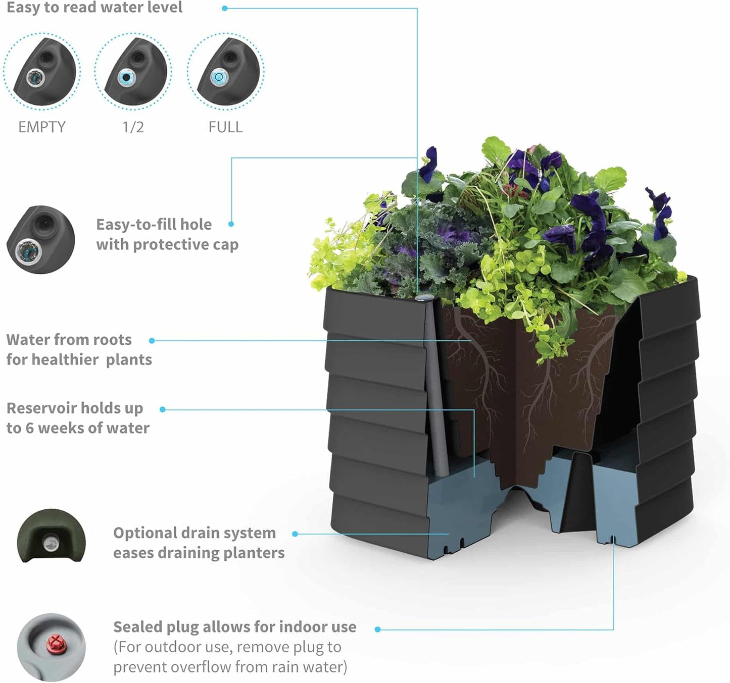 Crescent Garden TruDrop Self Watering Slat Square Box Planter - Indoor Outdoor Planter Box with Built-in Reservoir & Water Level Indicator, All Weather Flower Pot, 22'' (Caviar Black)
