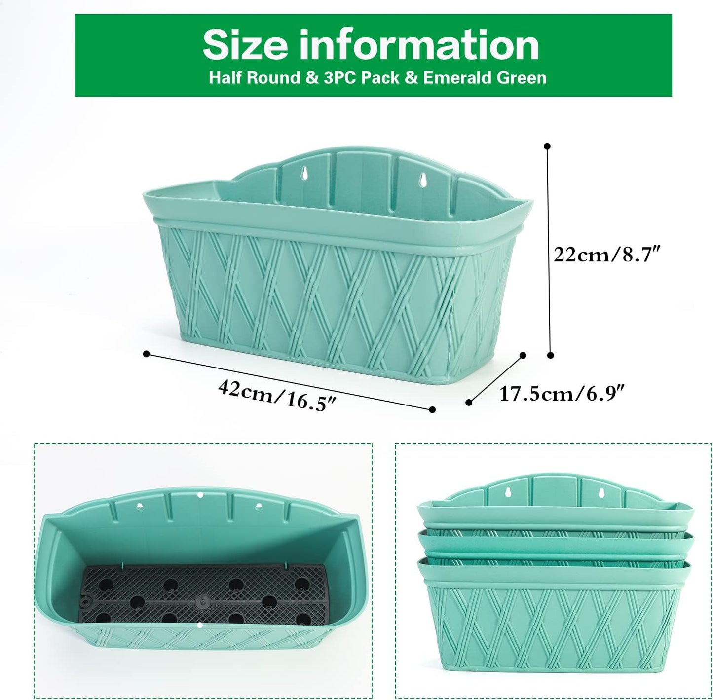 Sungmor 3 Pack Wall Hanging Planters, 16.5 Inch Railing Fence Hanging Flower Pots, Thickened Plastic Water Storage Plant Pot, Indoor Outdoor Garden Balcony Decor, Light Green Large Plant Basket