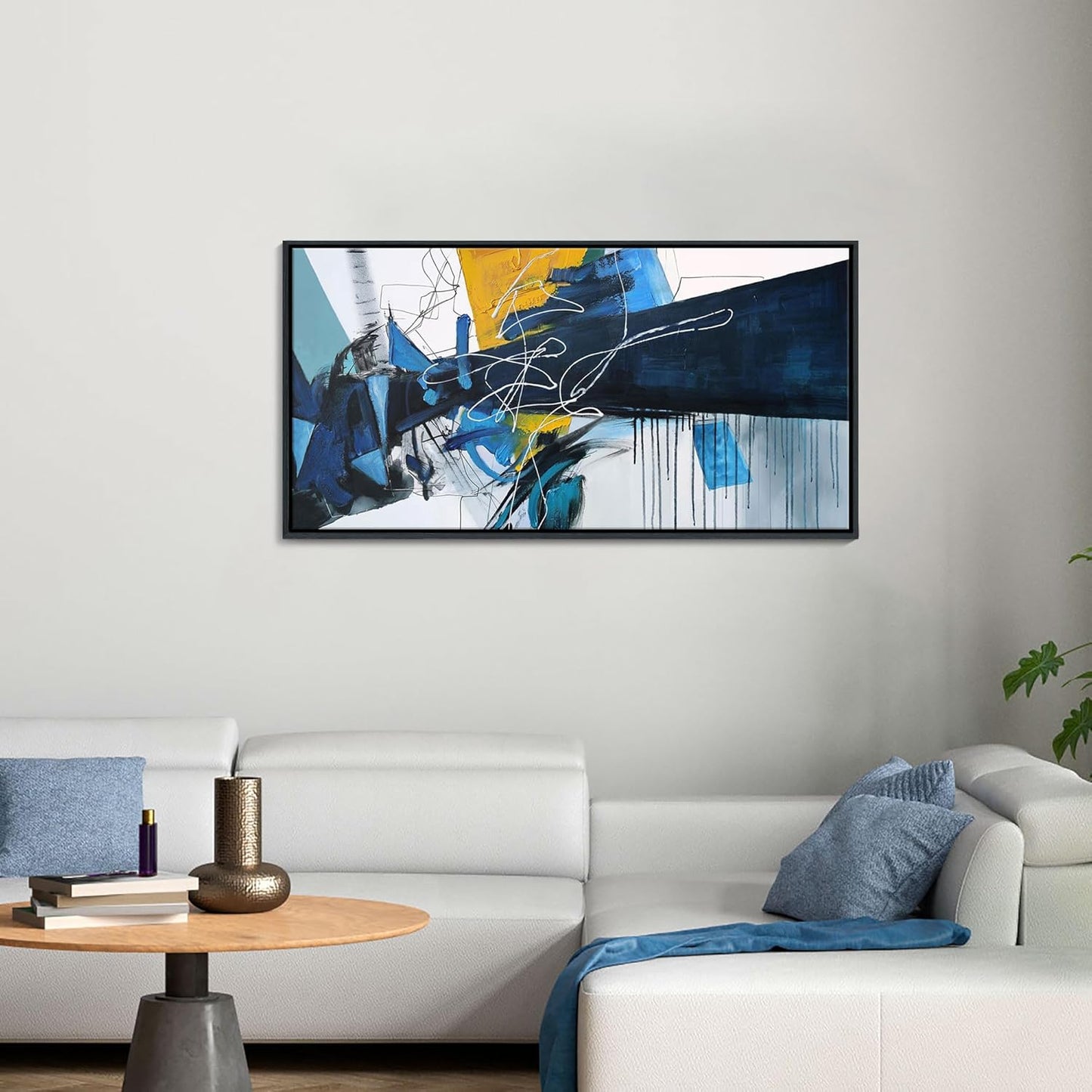 KLAKLA Modern Abstract Canvas Wall Art - Blue and white Framed Wall Decor Living Room Picture Artwork for Office Bedroom Decorative Paintings