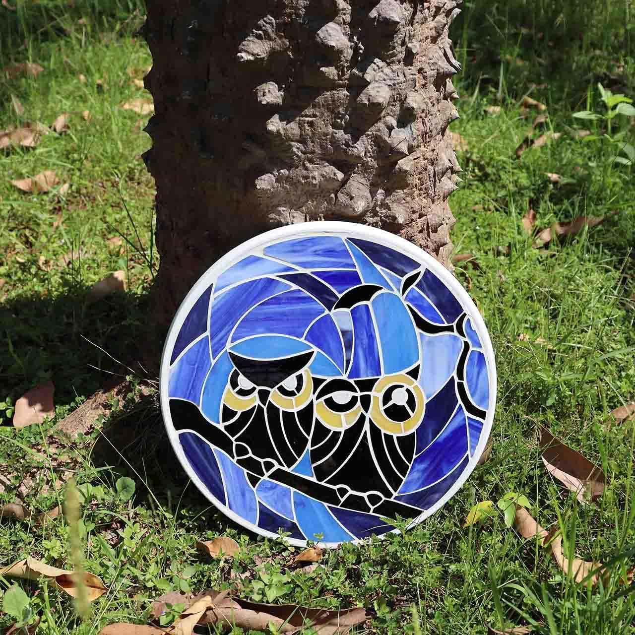 Bieye MSS005 Tiffany Style Stained Glass Mosaic Decorative Stepping Stone for Garden Decor (Owl, 12" Round)