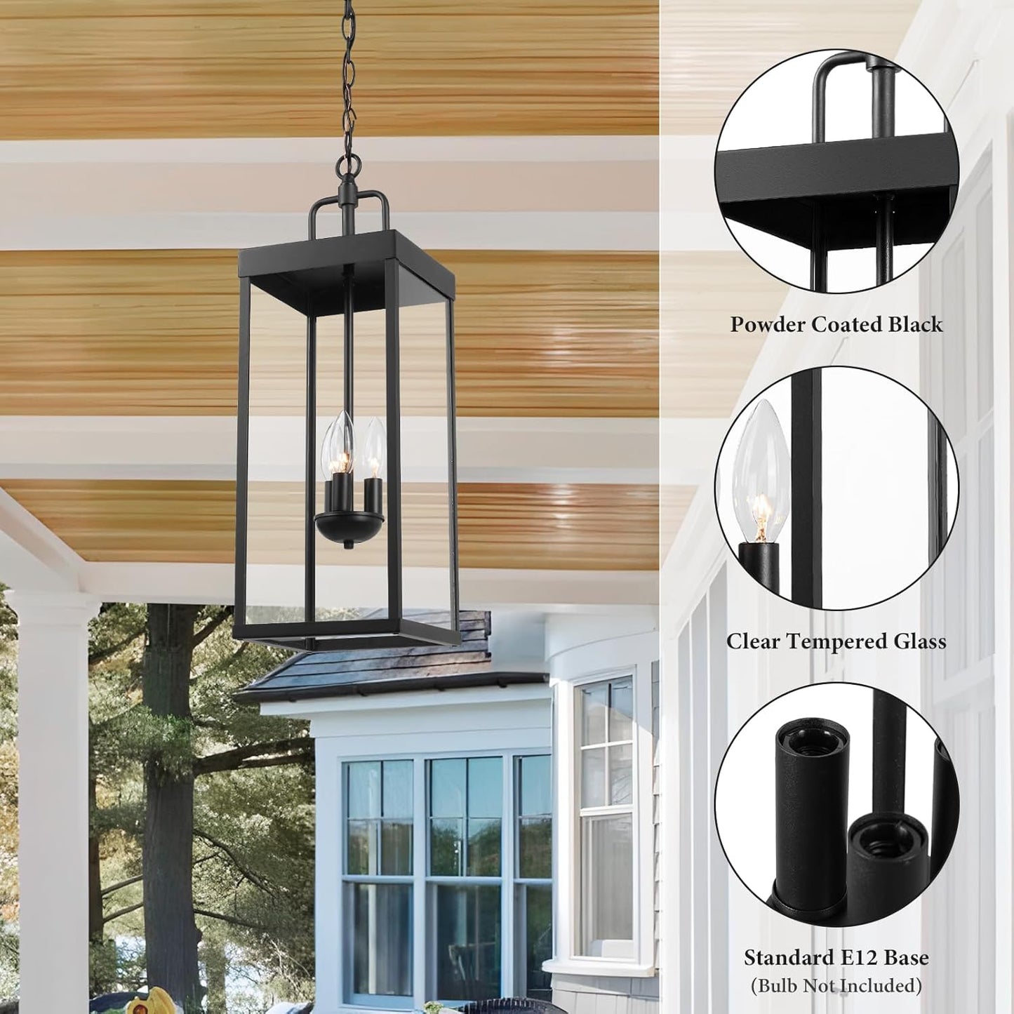 Large Outdoor Pendant Lantern Light Fixture for Front Porch, 24 Inch 3-Light Black Exterior Hanging Chandelier with Clear Glass, Outdoor Indoor Pendant Lamp for Patio, Gazebo, Entryway, Doorway