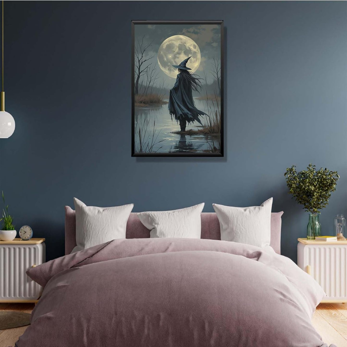 JFHCQJPK Witch in the moonlight magic canvas wall art enchanting Halloween home decor swamp witch silhouette oil painting mysterious gothic aesthetic wall decor print poster24x36in Metal blackFramed