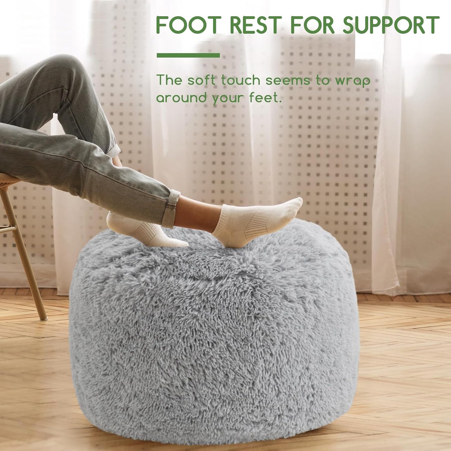 HIGOGOGO Round Stuffed Pouf Ottoman, Long Faux Fur Poufs with Foam Chunk Filling, Fluffy and Furry Pouf Foot Stool Storage Ottoman, 26 X 18 Floor Poufs Foot Rest for Living Room, Light Grey