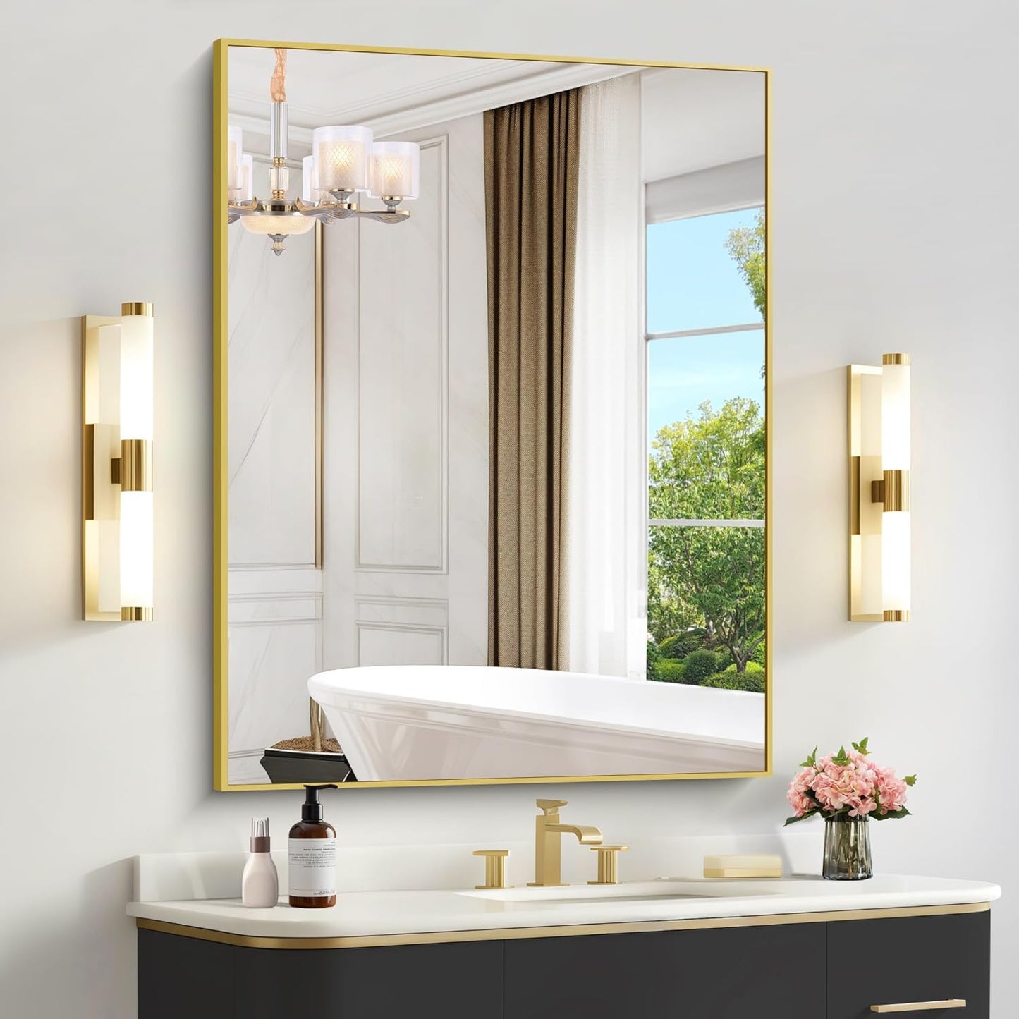 36x48inch Bathroom Mirror, Gold Rectangle Mirror with Thin Metal Frame, Large Rectangular Wall Mirrors for Bathroom, Living Room, Hair Salon, Big Farmhouse Mirror Hang Horizontal/Vertical