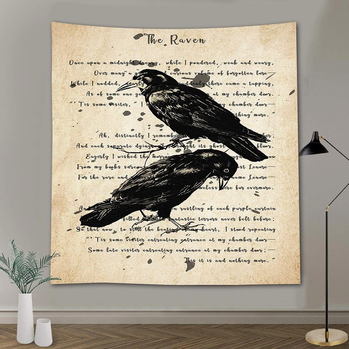 Raven Poem Wall Hanging 51x60 Inches - Crow Tapestry for Living Room, Bedroom, Home, Dorm, Office Decor