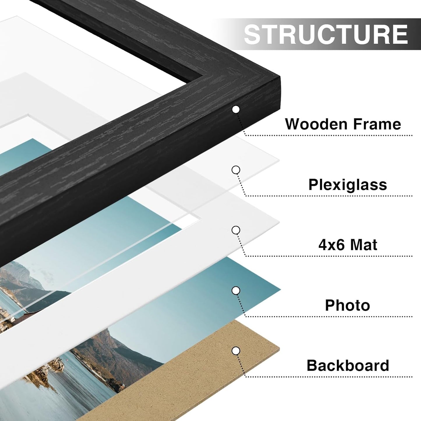 Vittanly 6x8 Picture Frames Set of 9, Shatter Resistant Plexiglass, Display 4x6 Pictures with Mat or 6x8 without Mat, Photo Frames for Wall or Tabletop, Engineered Wood, Black