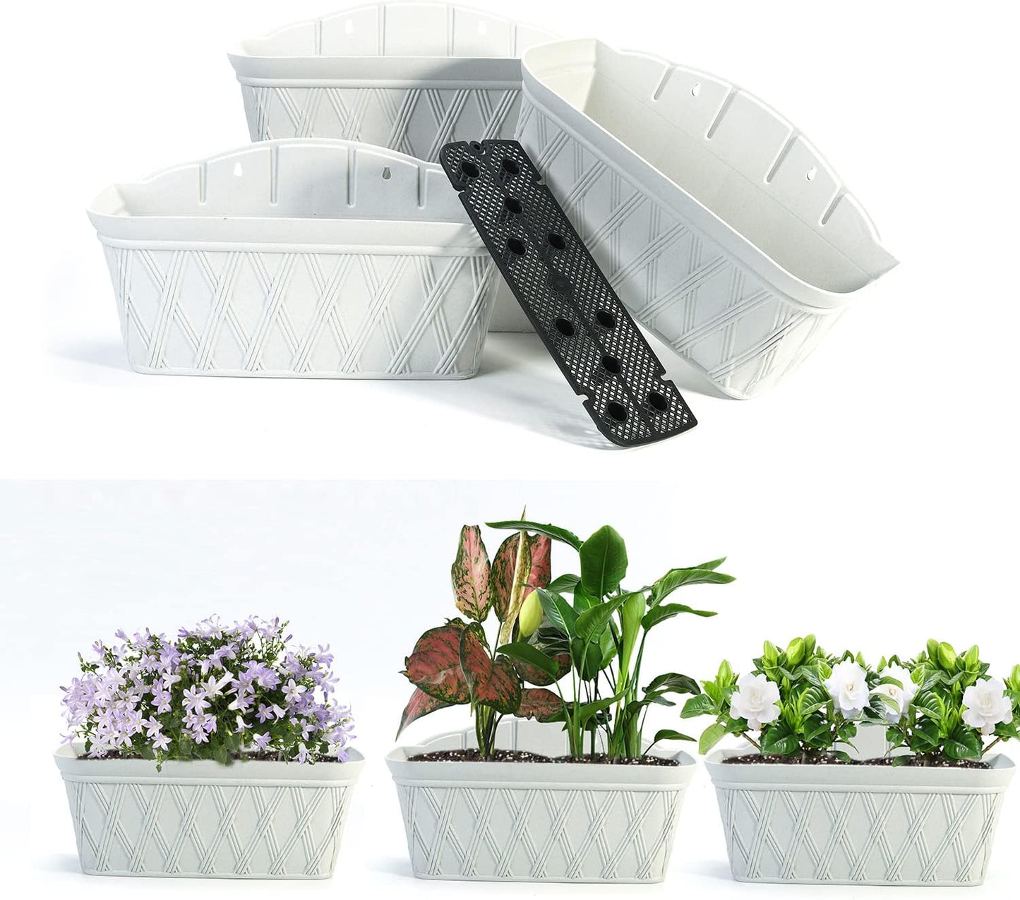 Sungmor 3 Pack Wall Hanging Planters, 16.5 Inch Railing Fence Hanging Flower Pots, Thickened Plastic Water Storage Plant Pot, Indoor Outdoor Garden Balcony Decor, Light Grey Large Plant Basket