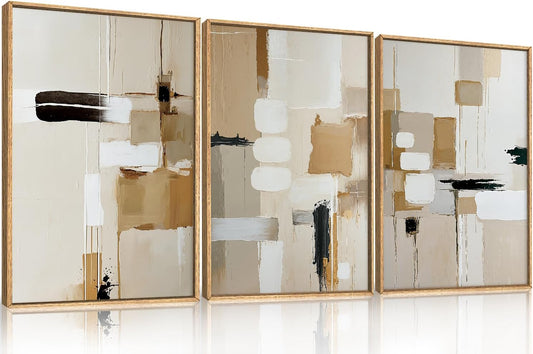 Celestdeco Large Abstract Beige Framed Canvas Wall Art Set, Neutral Textures Wall Decor, Warm Minimalist Shapes Wall Painting, Modern Neutral Art Prints for Living Room, Bedroom, Office - 24"X36"X3