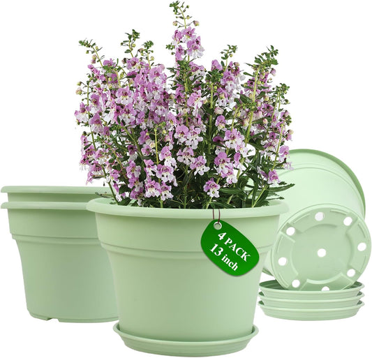 13 Inch Plastic-Flower-Pot-for-Indoor-Plants, 4 Pack Large Outdoor Planter Pot with Drainage Holes & Saucers, Resin Decorative Garden Pots Planters