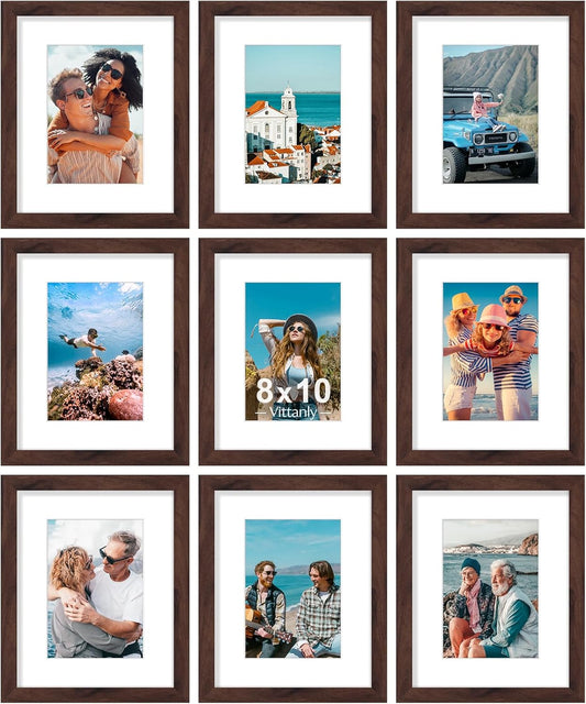 Vittanly 8x10 Picture Frames Set of 9, Shatter Resistant Plexiglass, Display 5x7 Pictures with Mat or 8x10 without Mat, Photo Frames for Wall or Tabletop, Engineered Wood, Walnut