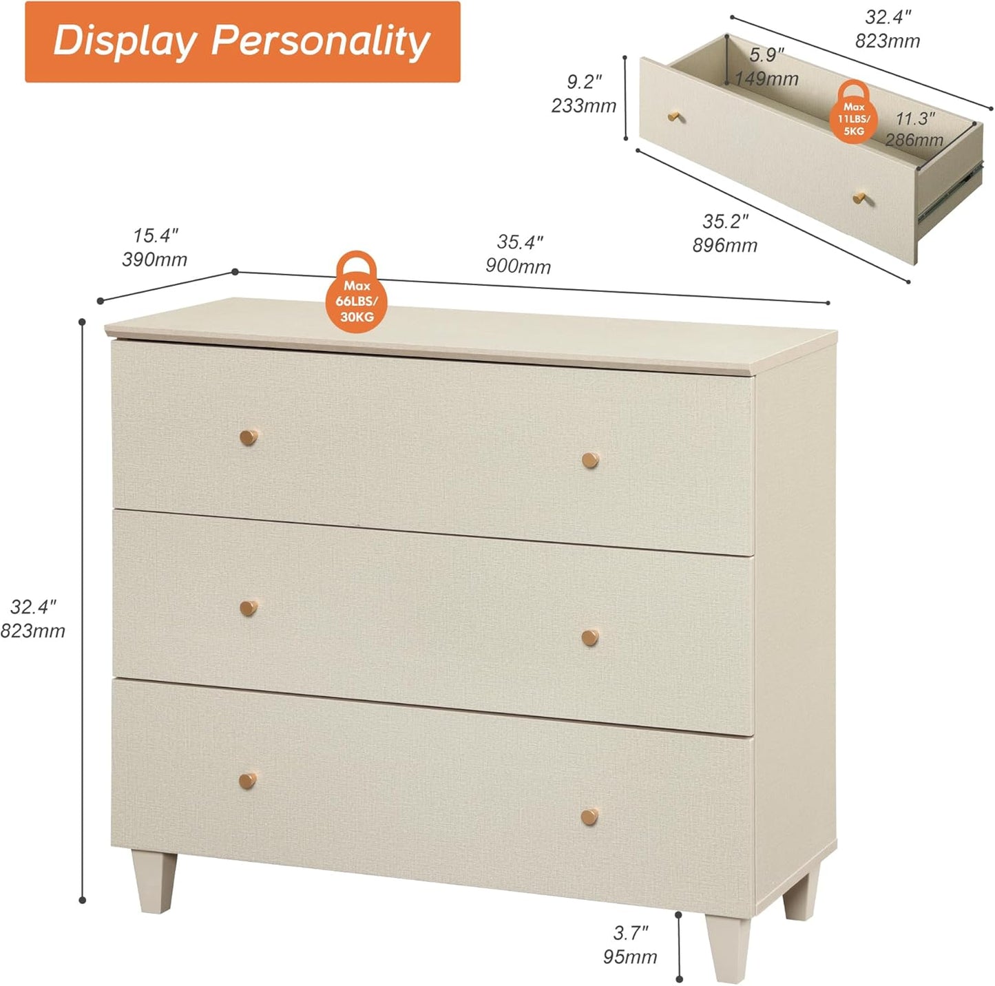 WAMPAT Bedroom Dresser with 3 Drawers, 35.4" Wide Wood Kids Dressers, Chest of Drawers, Modern Closet Organizer Bachelors Chest w/Solid Wood Legs for Living Room, Baby Room, Nursery, Beige