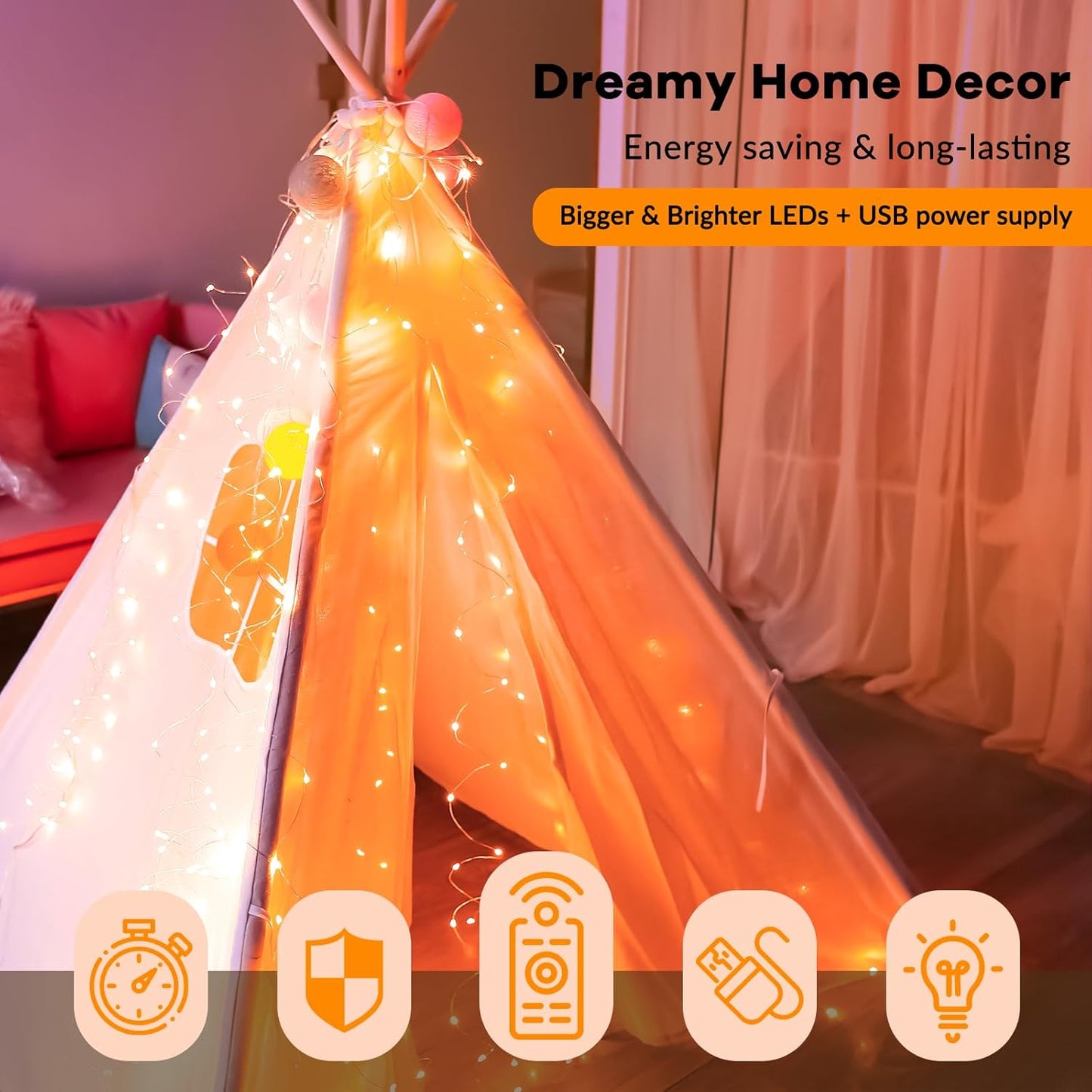 HXWEIYE 300LED Orange Fairy Curtain Lights with Remote 8 Modes Timer for Bedroom, 9.8x9.8Ft USB Plug in Christmas Fairy String Hanging Lights for Fall, Halloween, Weddings, Party, Wall, Decorations