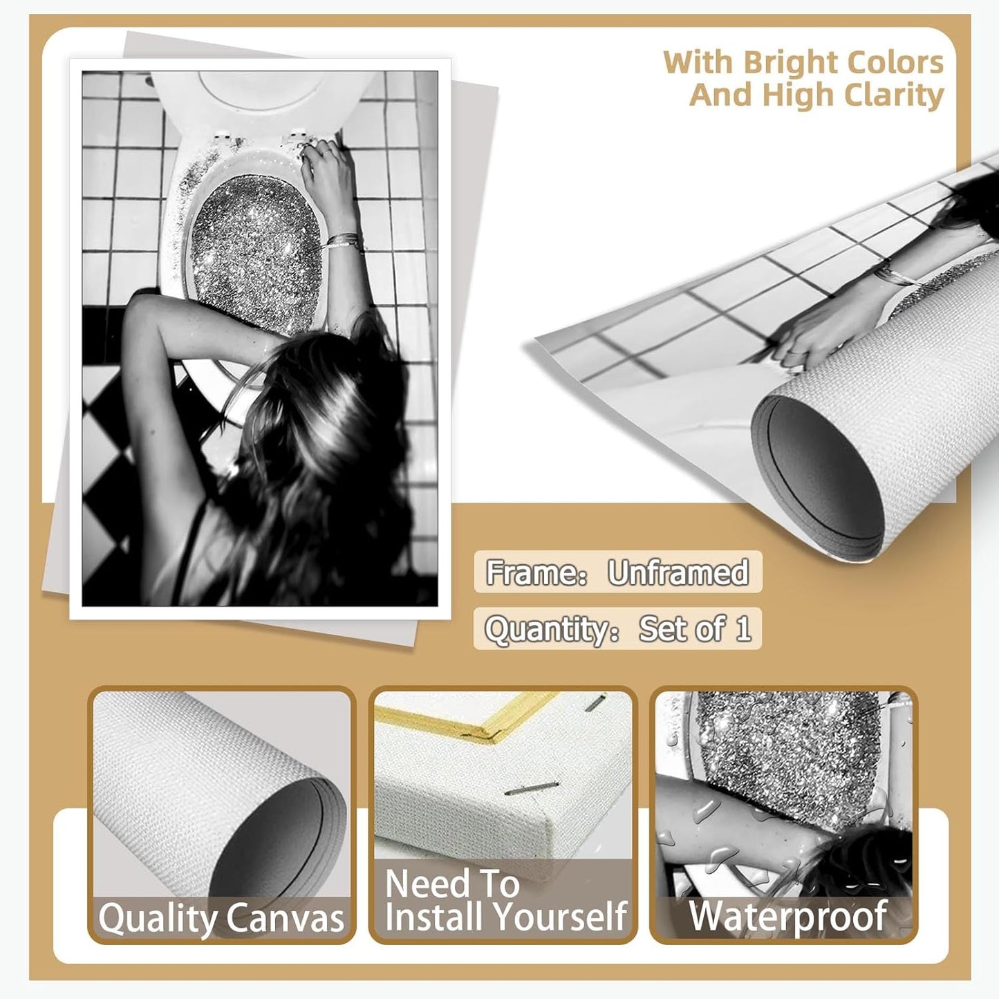 Liyark Funny Bathroom Wall Art Black and White posters Bar Disco Party prints painting Girls Bathroom Canvas wall art Funky aesthetics Teen Girl Bedroom wall decor for 24x36in Unframed