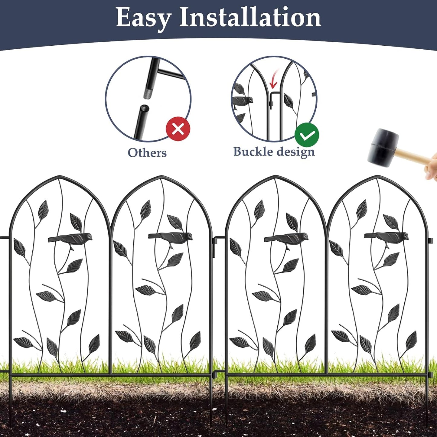 Vintage Decorative Garden Fence 6 Pack, 24in(H) x 10Ft(L), Metal Garden Fencing Panel, Landscape Pathway Edge Iron Picket Fence Panels (Black)