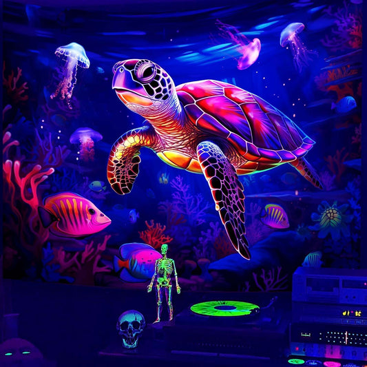 QGHOT Turtle Tapestry, Blacklight Ocean Tapestry Wall Hanging Undersea Black Light Poster for Kids Glow in the Dark for Bedroom Children Toddler Room Decor 80x60in