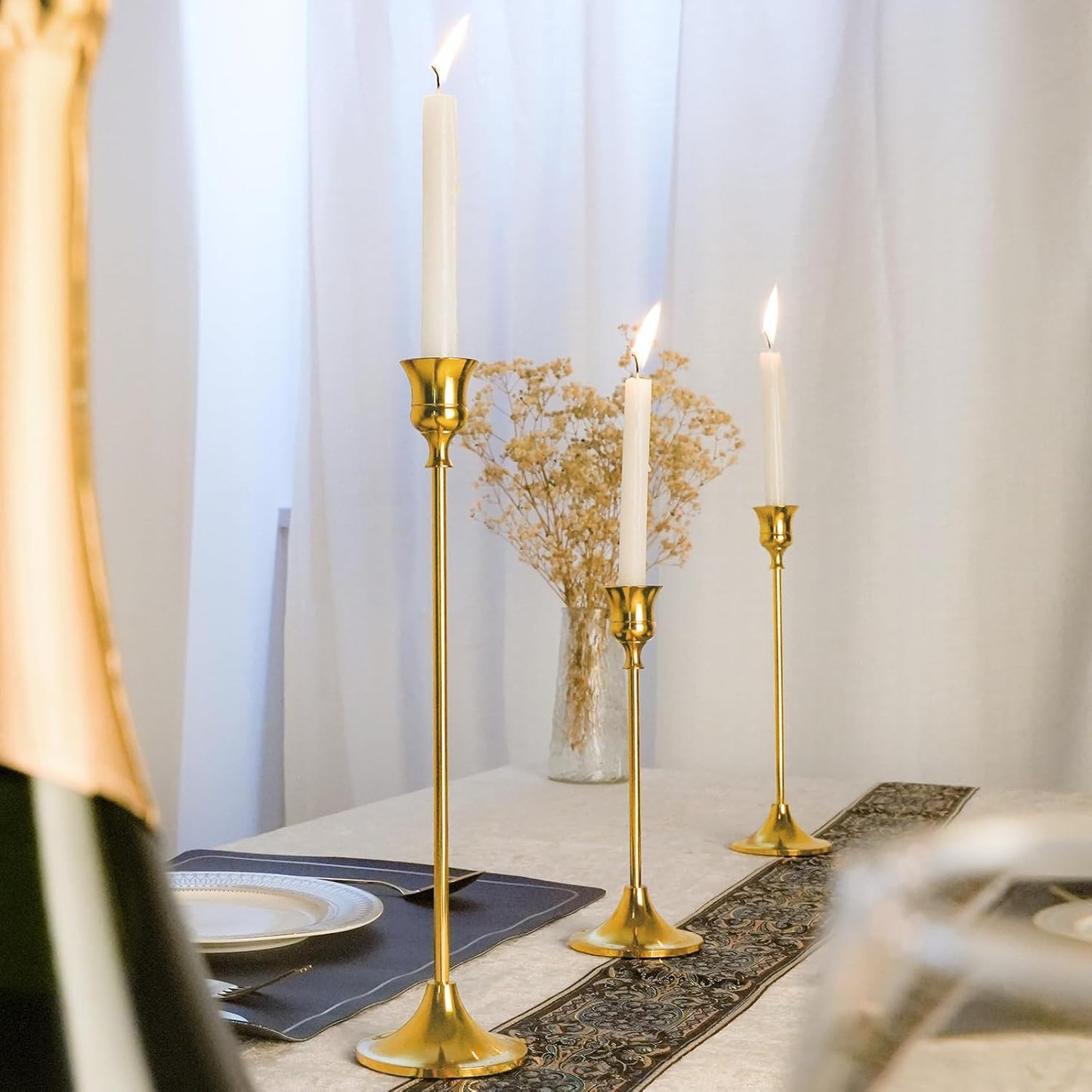 Metal Candle Holders for Candlesticks Taper Candlestick Holders Set Vintage Decorative Centerpiece Candelabra Tall Candle Stands for Halloween Thanksgiving Christmas (Gold, 4 Sets (12 pcs))