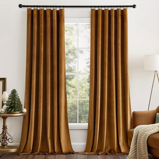 MIULEE Gold Brown Velvet Curtains 108 inches Long 2 Panels - Luxury Pinch Pleated Room Darkening Window Drapes for Bedroom Living Room Thermal Insulated Super Soft Extra Long, Back Tab Rod Pocket