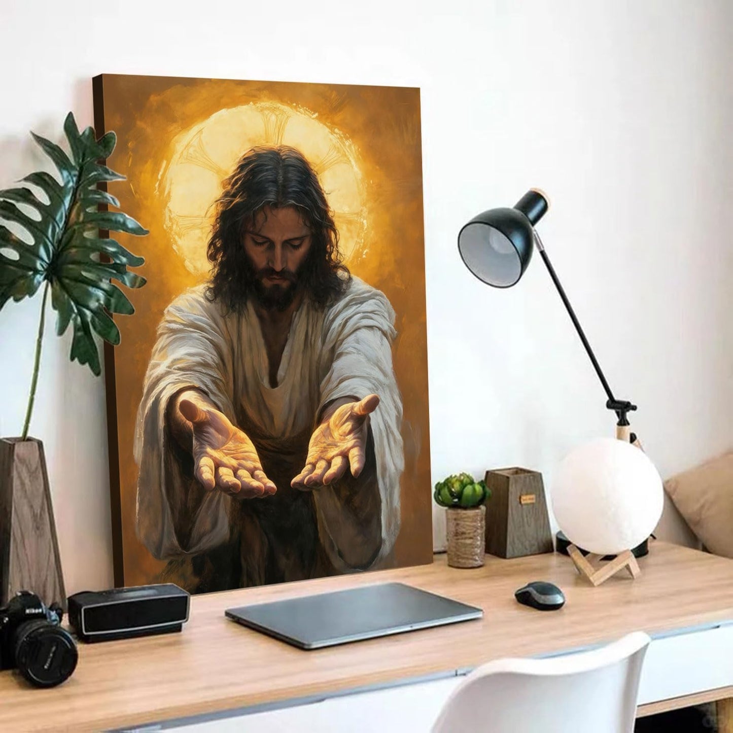 Framed Jesus Canvas Wall Art Painting with Gold Halo Christian Religious Poster Inspirational Christian Gallery Decor Painting Home Church Prayer Room Wall Hanging Print 16x24 Inch Ready to Hang