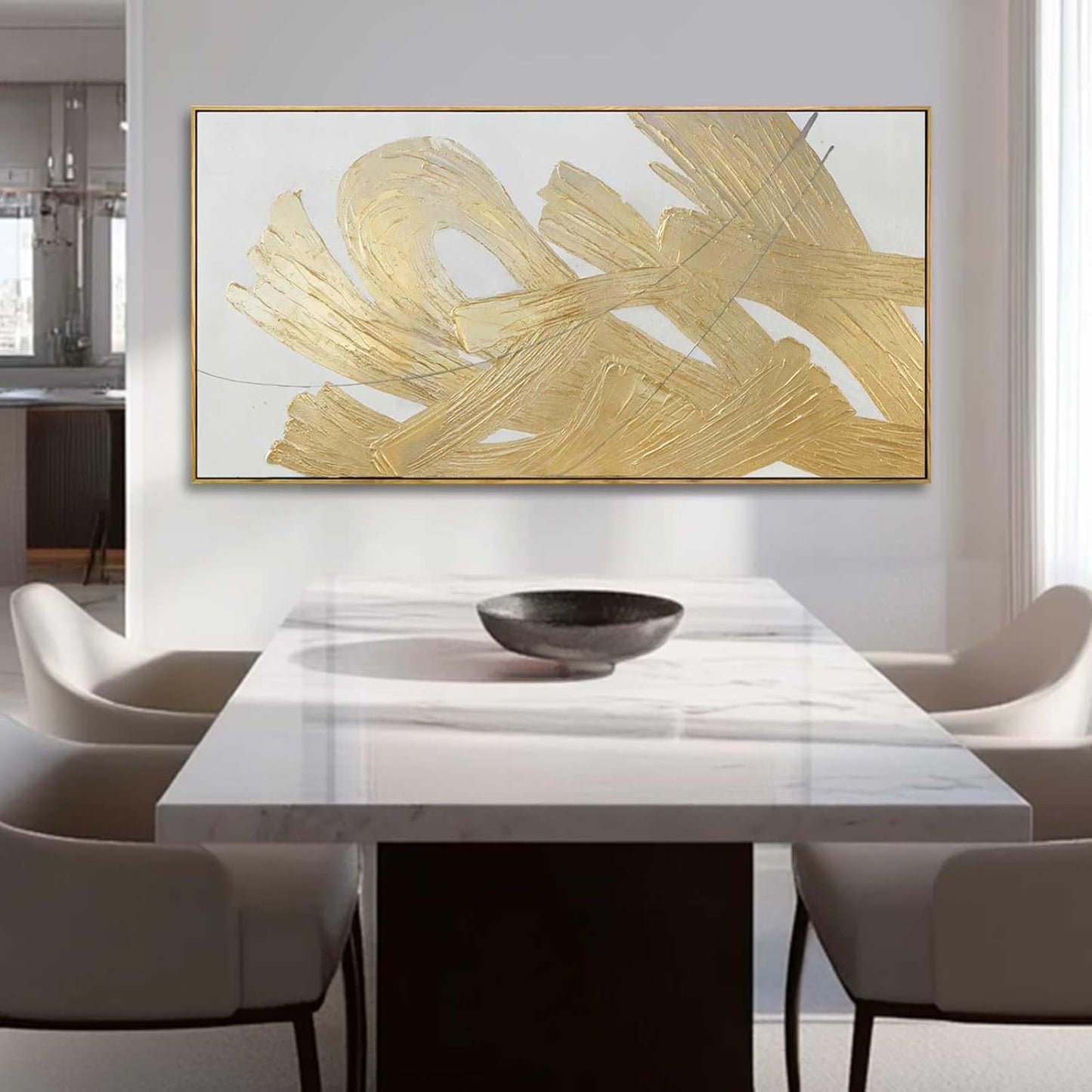 XIANSHOU White and Gold Wall Painting Neutral Wall Decor Modern Abstract Wall Art Minimalist Art 29"x58" Artwork for Living Room Kitchen Dining Room