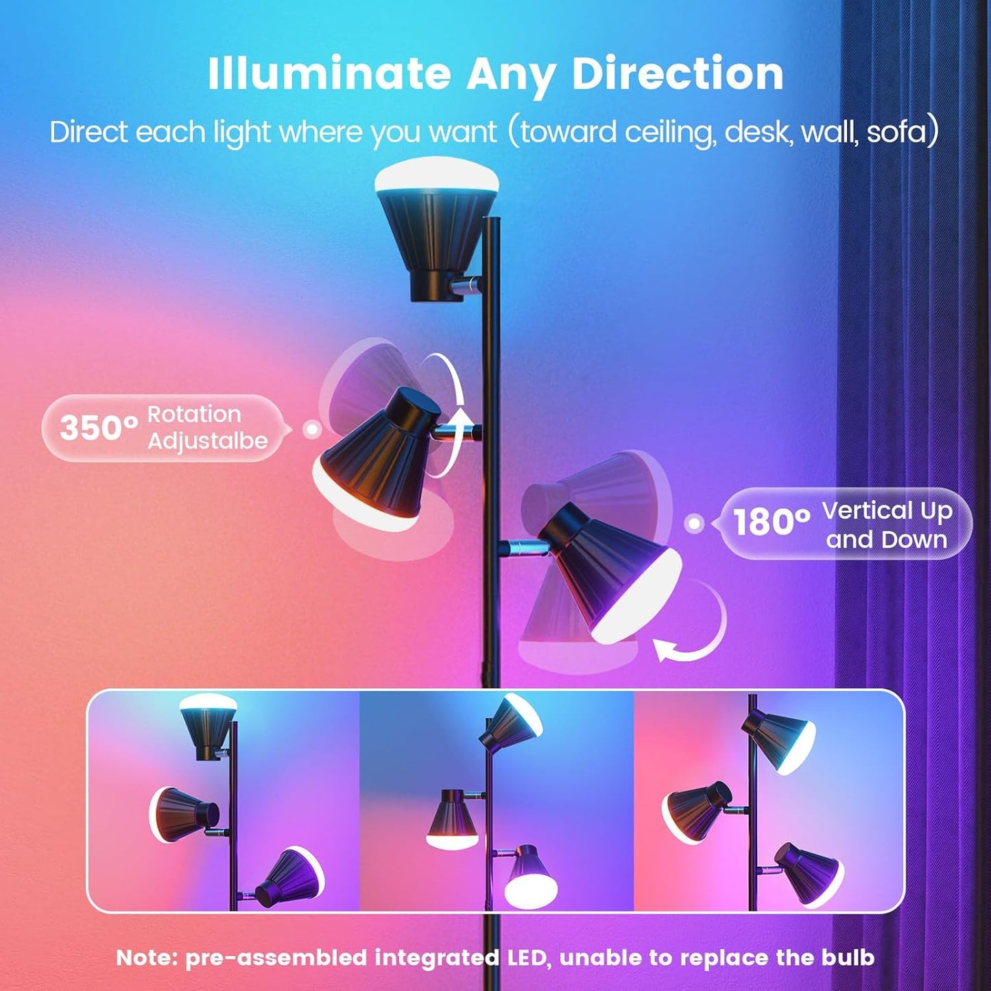 RGB Floor Lamp, 36W LED Dimmable Standing Lamp with 3 Swivel Lights, Color Changing Tall Lamp with Remote, Stepless Dimmable Modern Floor Lamps for Living Room, Bedroom, Gaming Room,Office