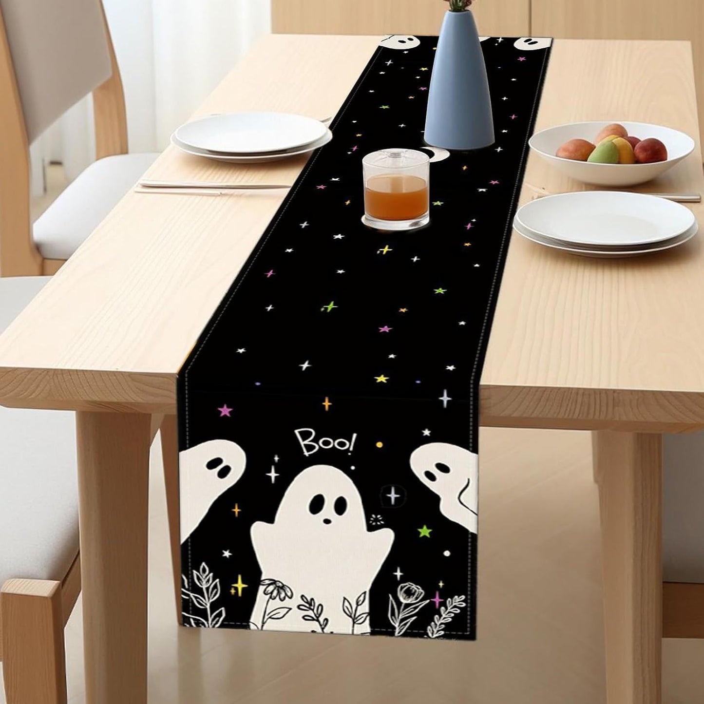 Halloween Black Table Runner Spooky Ghost Floral Boo Table Linen Runner Seasonal Holiday Kitchen Dining Table Decoration Halloween Decorations for Indoor Outdoor Home Party Decor 13x72 Inch