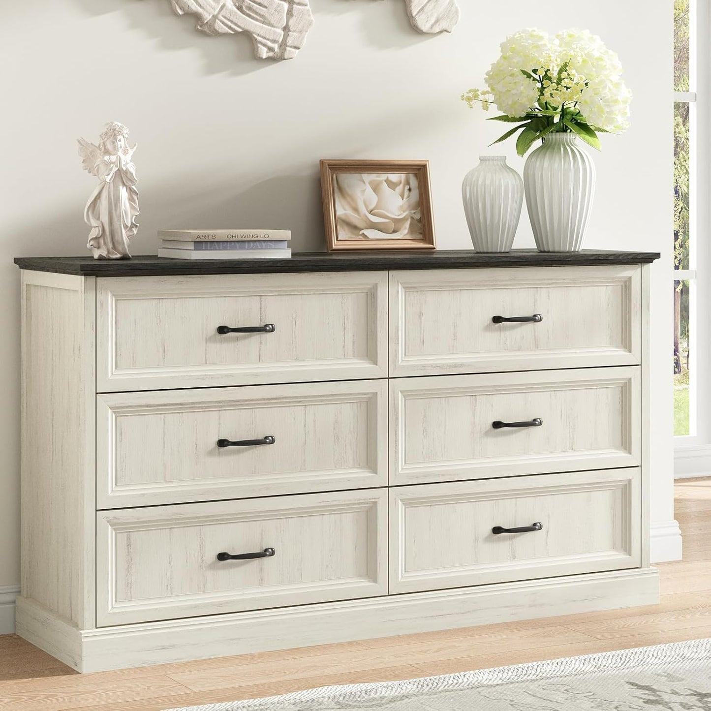 Farmhouse 6 Drawer Dresser for Bedroom, 55 Inch Wide Modern White Dresser TV Stand with Large Drawers & Bar Handles, Rustic Wood Chest of Drawers for Bedroom, Living Room, Hallway, Entryway.