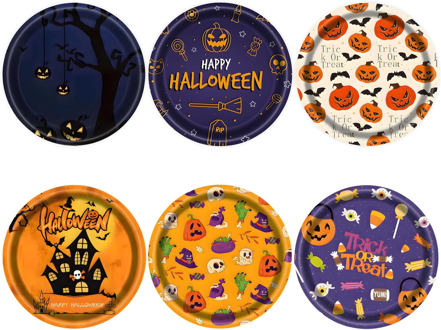 48 PCS Halloween Paper Plates 7 inch, Bat Castle Skull Pumpkin Party Plates Disposable Cake Dessert Plate for Halloween Party Decorations