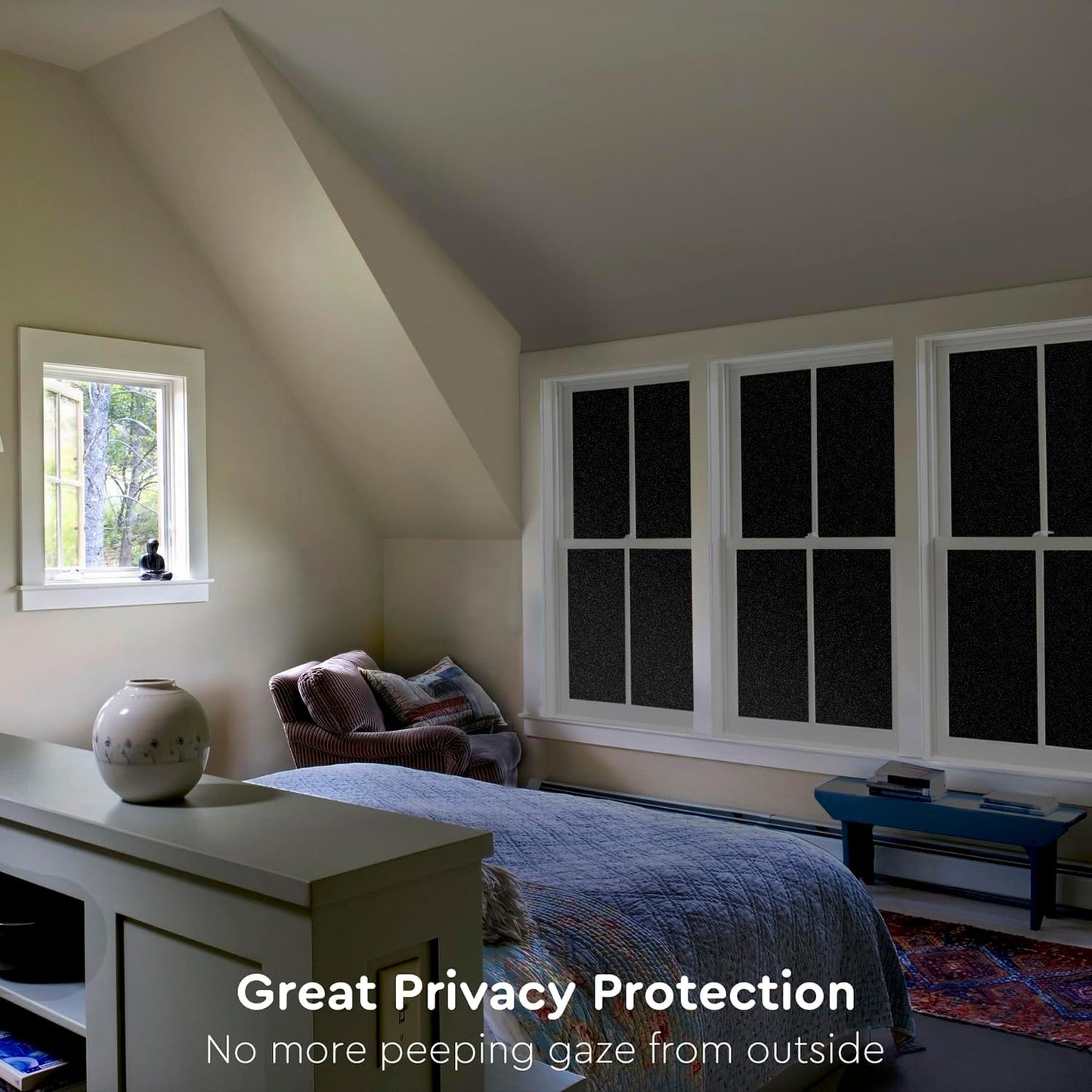 Kromapolis Blackout Window Privacy Film Total Light Blocking Room Darkening Window Covering, Removable Static Cling Frosted Glass Tint, Non-Adhesive, Black 45.2'' x 393.7''