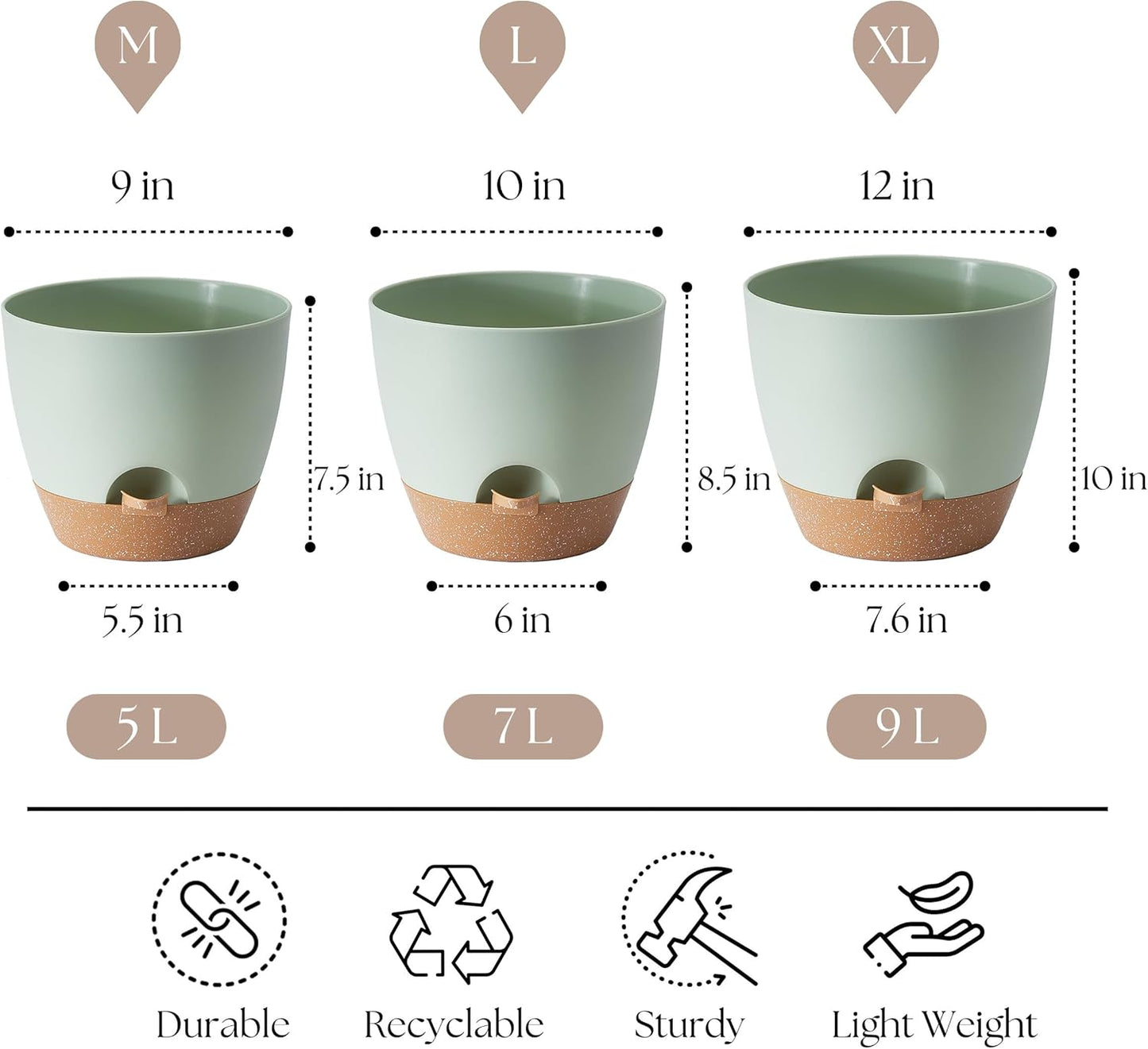 Giraffe Creation Plant Pots Set of 3 (12/10/9 inch), Self-Watering Indoor & Outdoor Flower Planters with Drainage Hole and Reservoir, Green