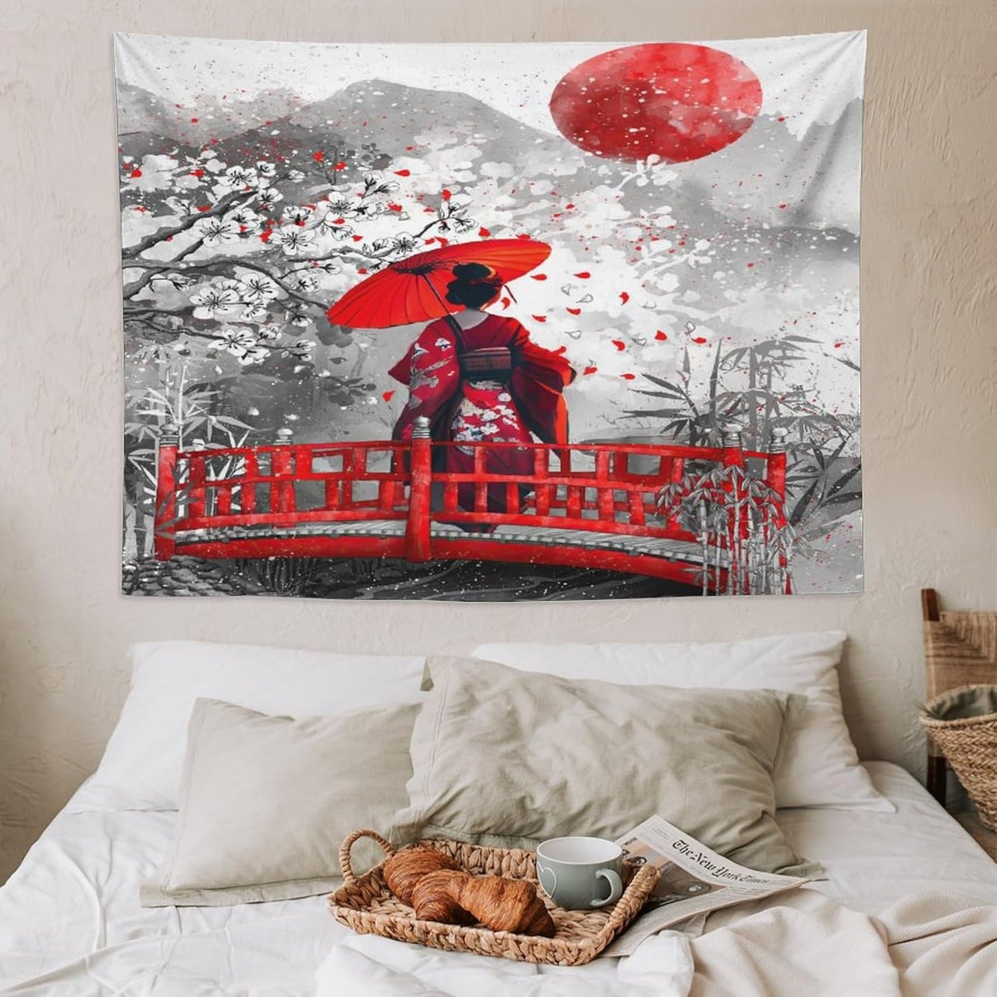 Japanese Red Geisha Tapestry Asian Cherry Blossom Red Sun Traditional Kimono Folk Tapestries Home Decor for Living Room Bedroom Apartment Farmhouse Dorm 80"x60"