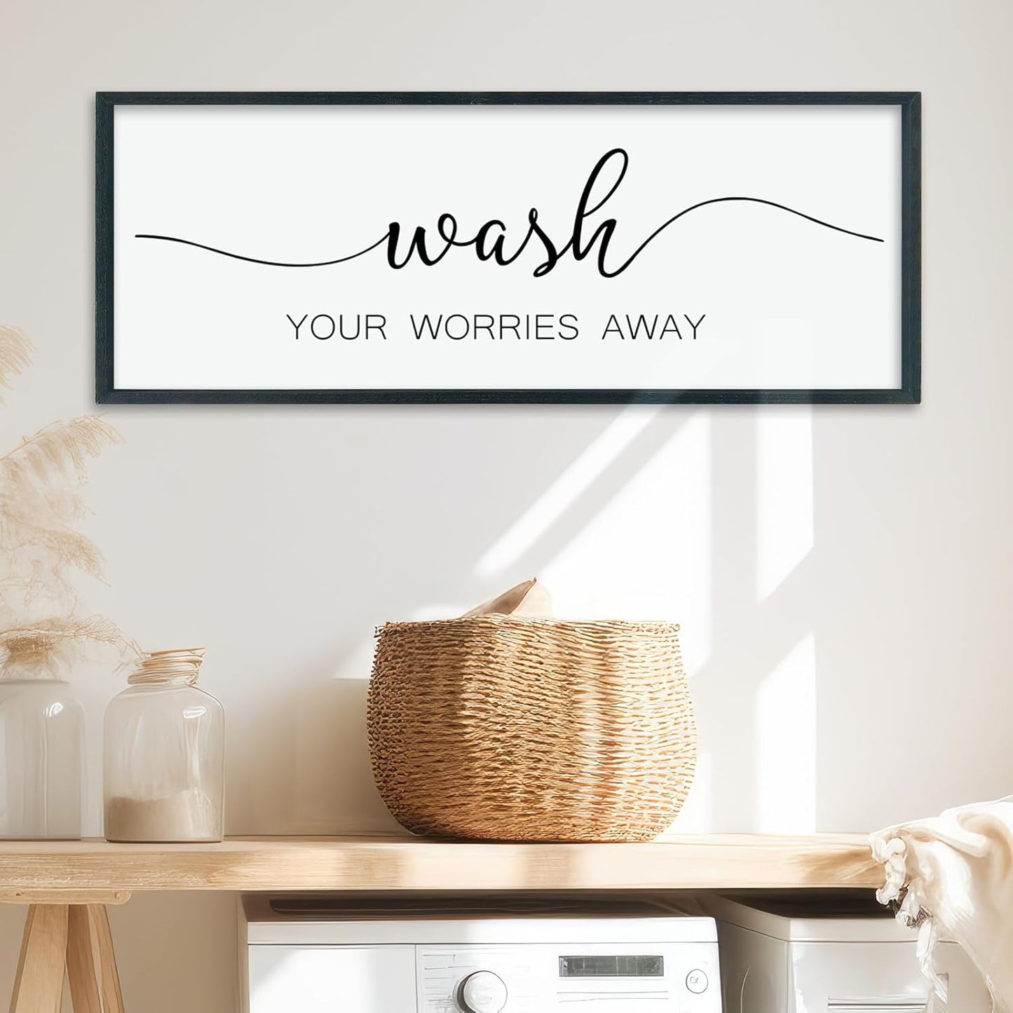LuZhiQiang Wash Your Worries Away Sign Bathroom Wall Art Decor 40"×15" Large Wood Framed Laundry Room Funny And Artwork Wall Hanging (Black)