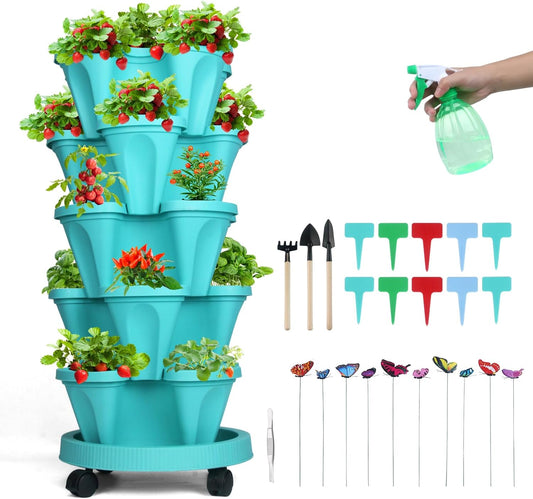 Vertical Planter, 5 Tier Stackable Strawberry Planter with Garden Tool Set, Movable Indoor/Outdoor Garden Herb Pot for Growing Vegetables and Succulents, Teal