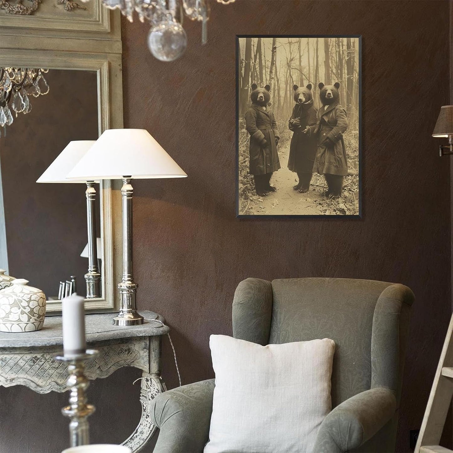 Vintage Horror Halloween Wall Decor Spooky The Three Bears In Occult Forest Spooky Canvas Wall Art Poster Gothic Dark Academia Decorations Room Creepy Print 16X24inch Aluminum Framed