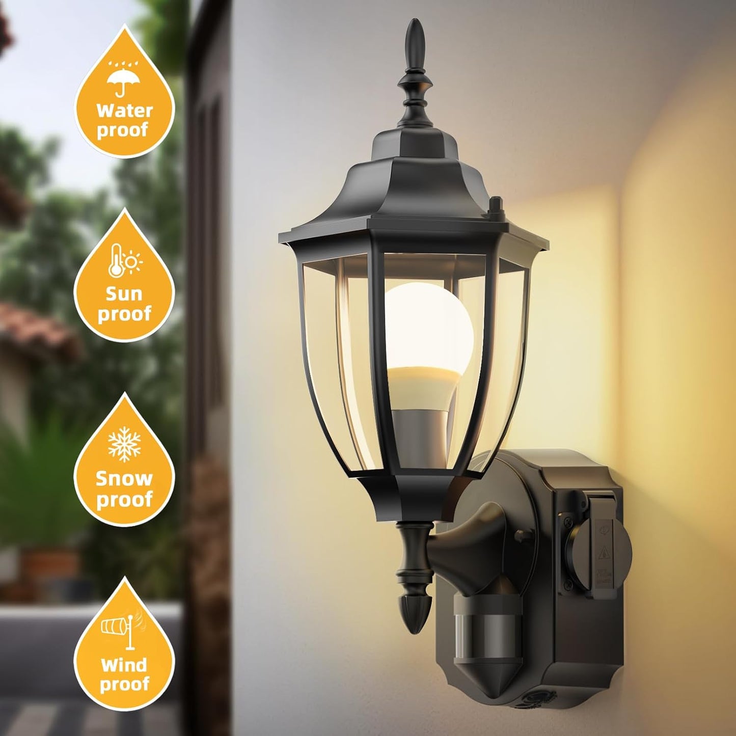 2 Pack Porch Lights Outdoor with Outlet, Motion Sensor Outdoor Wall Lights, Updated Dusk to Dawn Exterior Lighting Fixtures Waterproof Anti-Rust Aluminum Outside for House Entryway Garage, Black