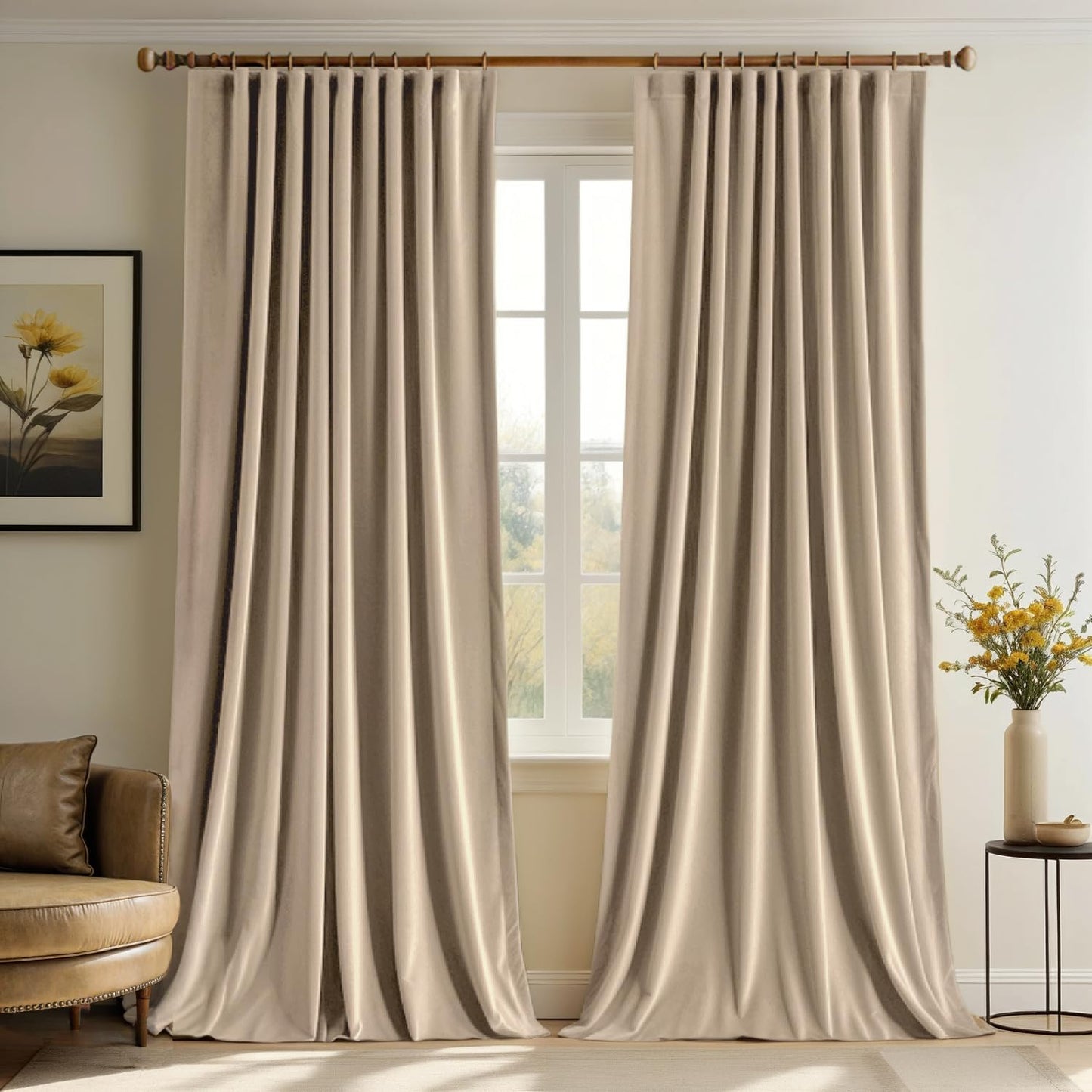 MIULEE Velvet Curtains 90 inches - Pinch Pleat Luxury Room Darkening Curtains for Bedroom Living Room Thermal Insulated Super Soft Window Drapes Rod Pocket, Camel Beige, W52 x L90 inch, 2 Panels