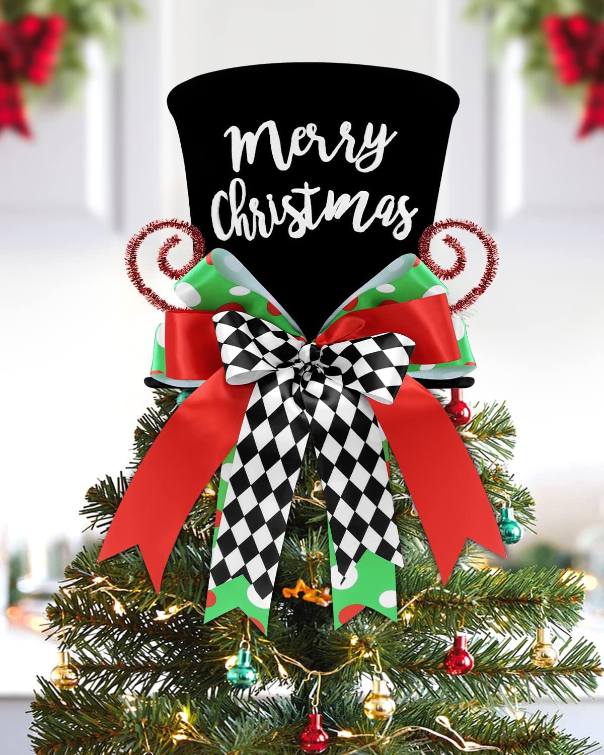 Merry Christmas Tree Topper Whimsical Top Hat with Check Bows Xmas Tree Ornament Winter Holidays Home Decoration Wreath Attachment Festive Gift Ideas Supplies