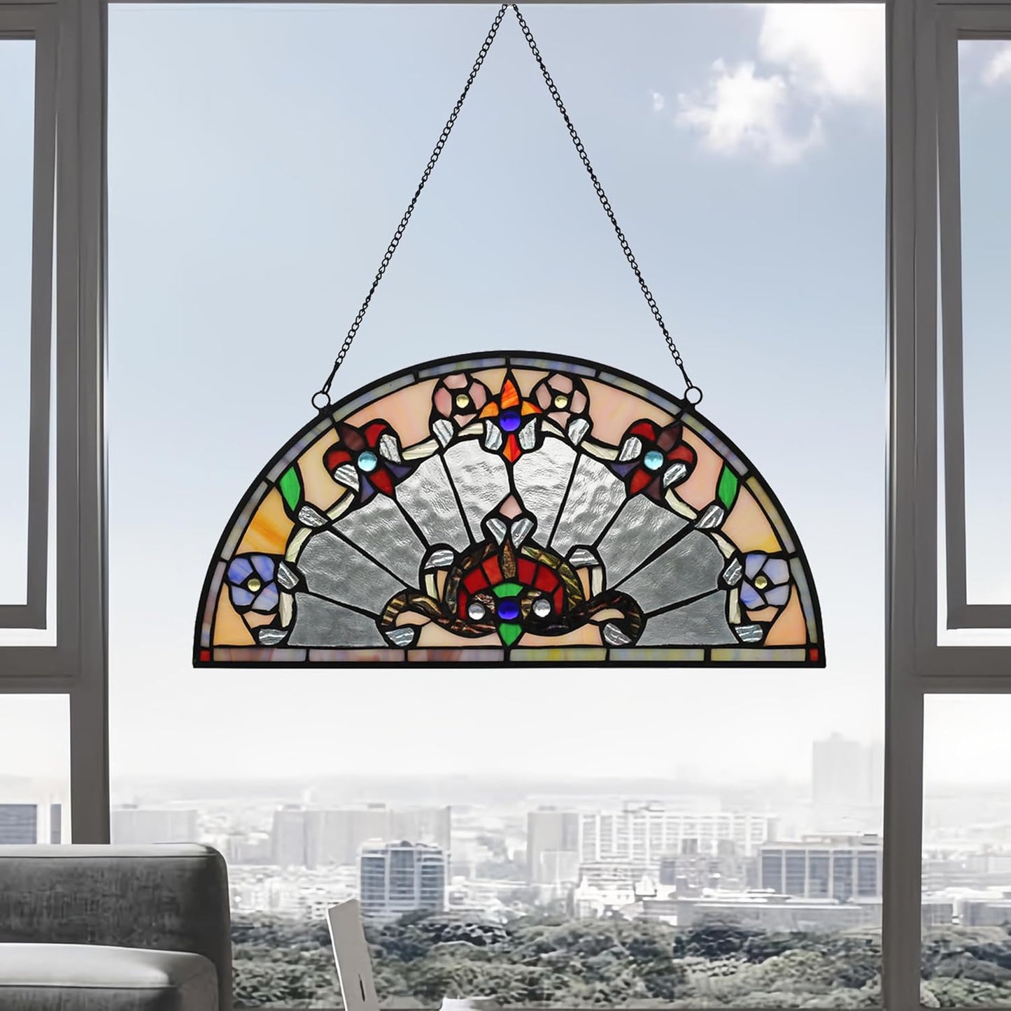 YOURANJU Half Moon Stained Glass Window Hanging Tiffany Style 16" x 8" Half-Round Window Panel Housewarming Gift Living Room Bedroom Kitchen Window Decorative Hangings with Chain (Baroque)