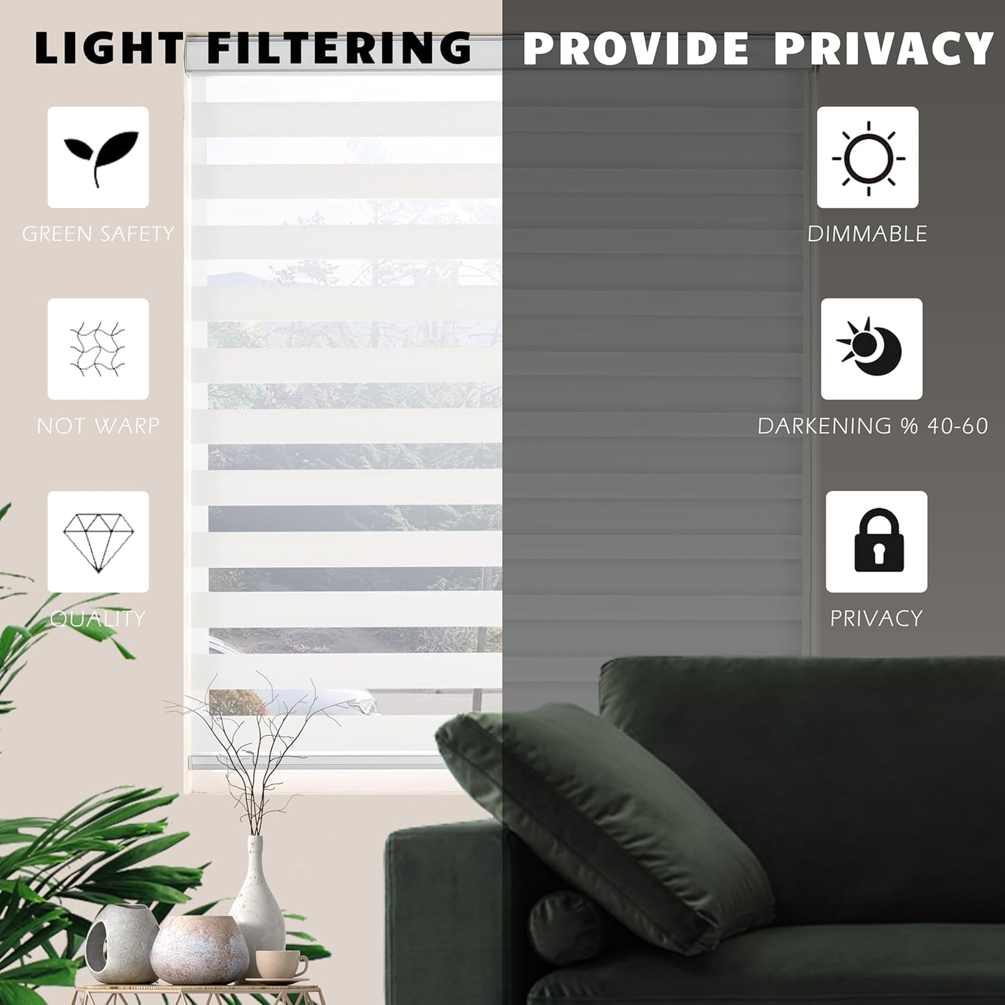Zebra Blinds for Windows Dual Layer Light Filtering Privacy Free-Stop Sheer Shades Light Control for Indoor Windows Zebra Shades for Living Room(56" W X 72" H, White)