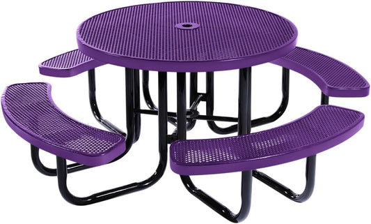 Heavy-Duty Portable Outdoor Picnic Table with Umbrella Hole, Punched Steel Commercial-Grade Patio Dining Furniture Made in America (46" Round Top, Textured Purple)