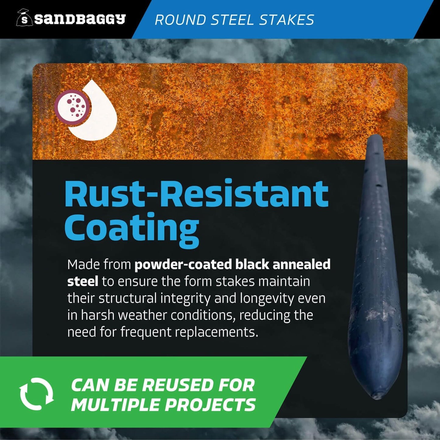 Sandbaggy Round Steel Concrete Form Stakes with Nail Holes - Rust Resistant Coating - Removable, Reusable (5, 3/4 in X 12 in)