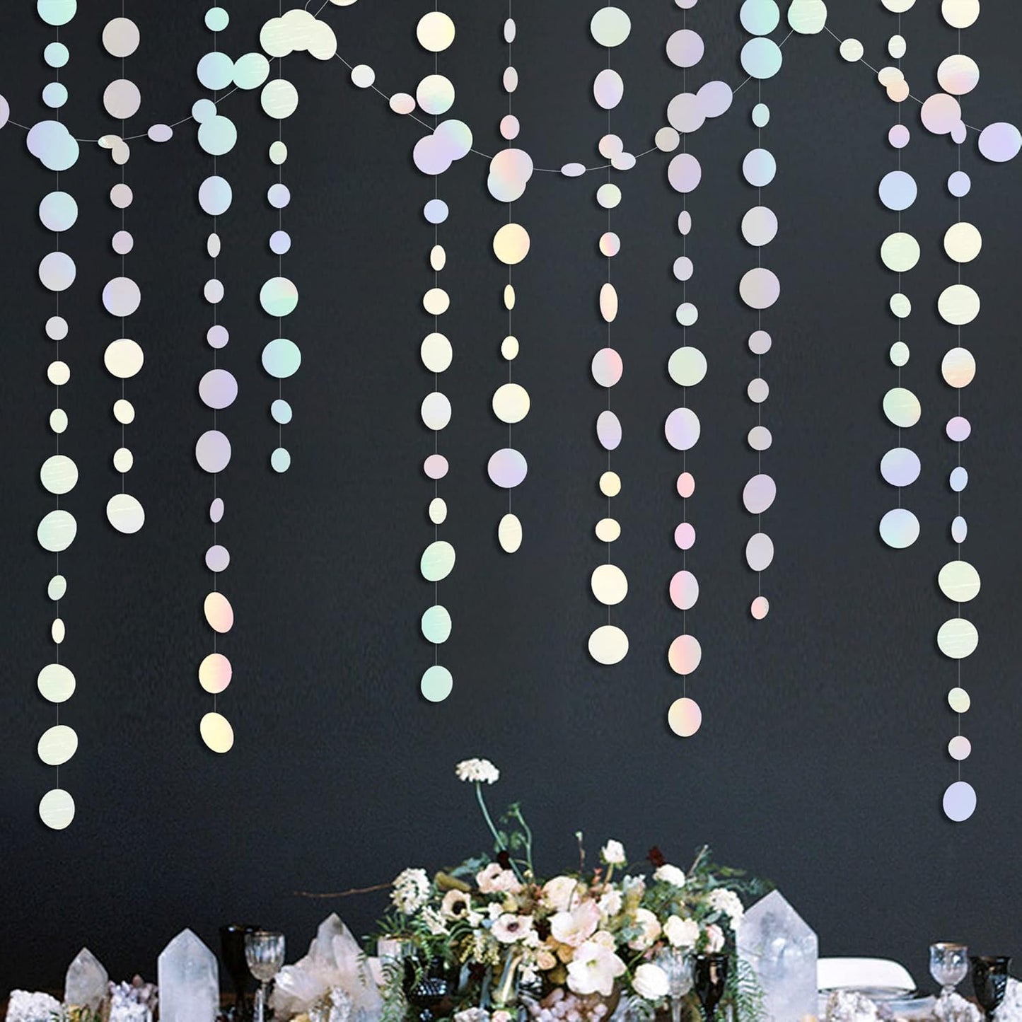 46 Ft White Iridescent Circle Dots Garland Hanging Holographic Polka Dots Streamer for Birthday Bachelorette Engagement Wedding Bridal Shower Galaxy Pastel Winter Christmas Party Decorations Supplies