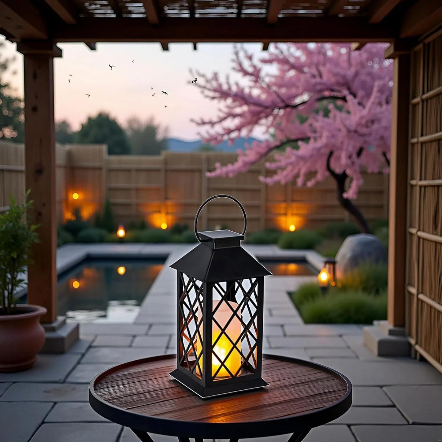 Simplelight 11 Inch Decorative Lanterns-IP44 Waterproof Outdoor Hanging Lantern, Battery Operated Decorative Lantern for Patio, Table, Fireplace with Timer, Black Color (1)